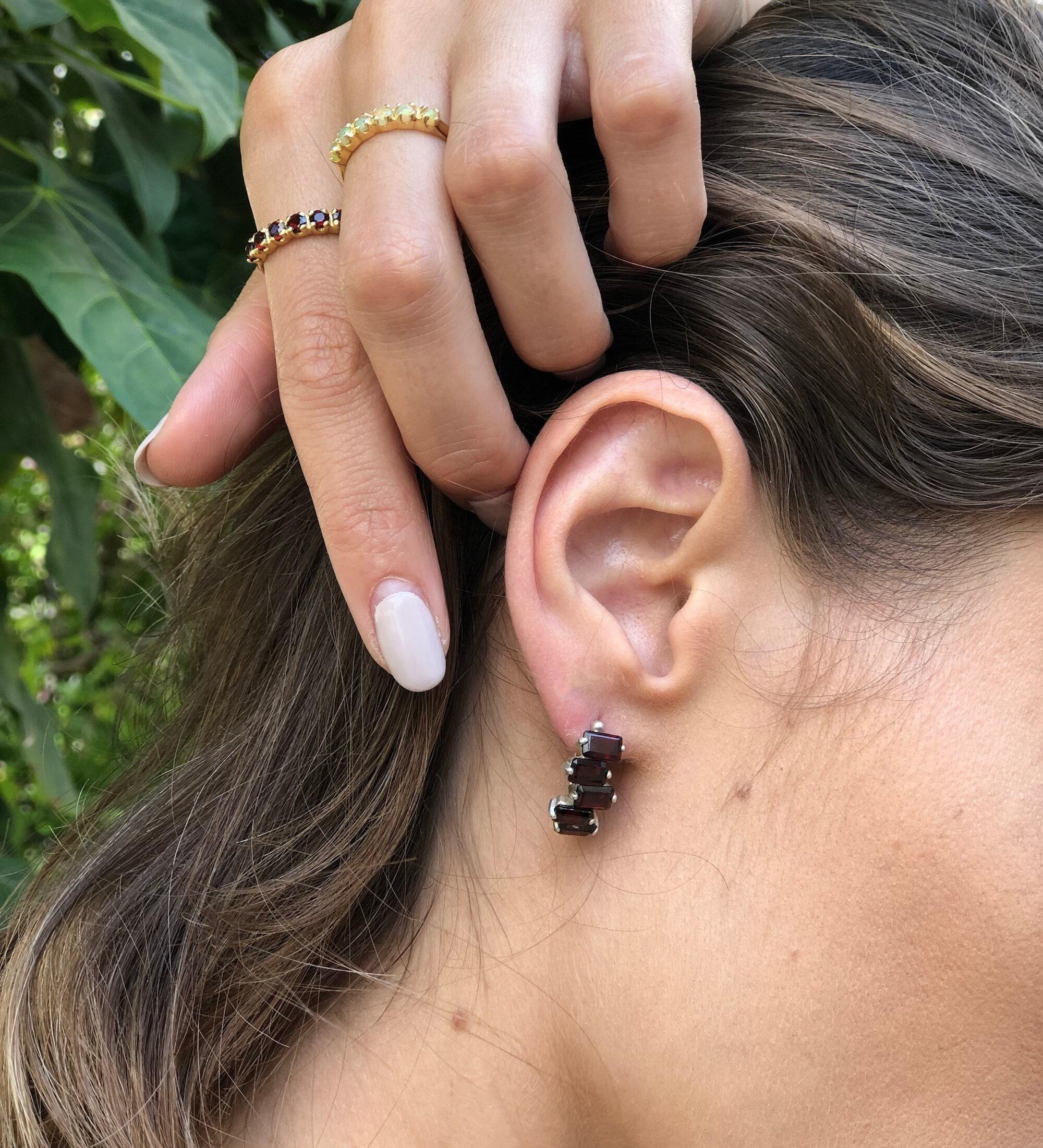 Garnet Earrings, Baguette Studs, January Birthstone, Half Hoops, Baguette Earrings, Red Earrings, Emerald Cut Studs, Solid Silver Earrings