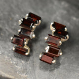 Garnet Earrings, Baguette Studs, January Birthstone, Half Hoops, Baguette Earrings, Red Earrings, Emerald Cut Studs, Solid Silver Earrings