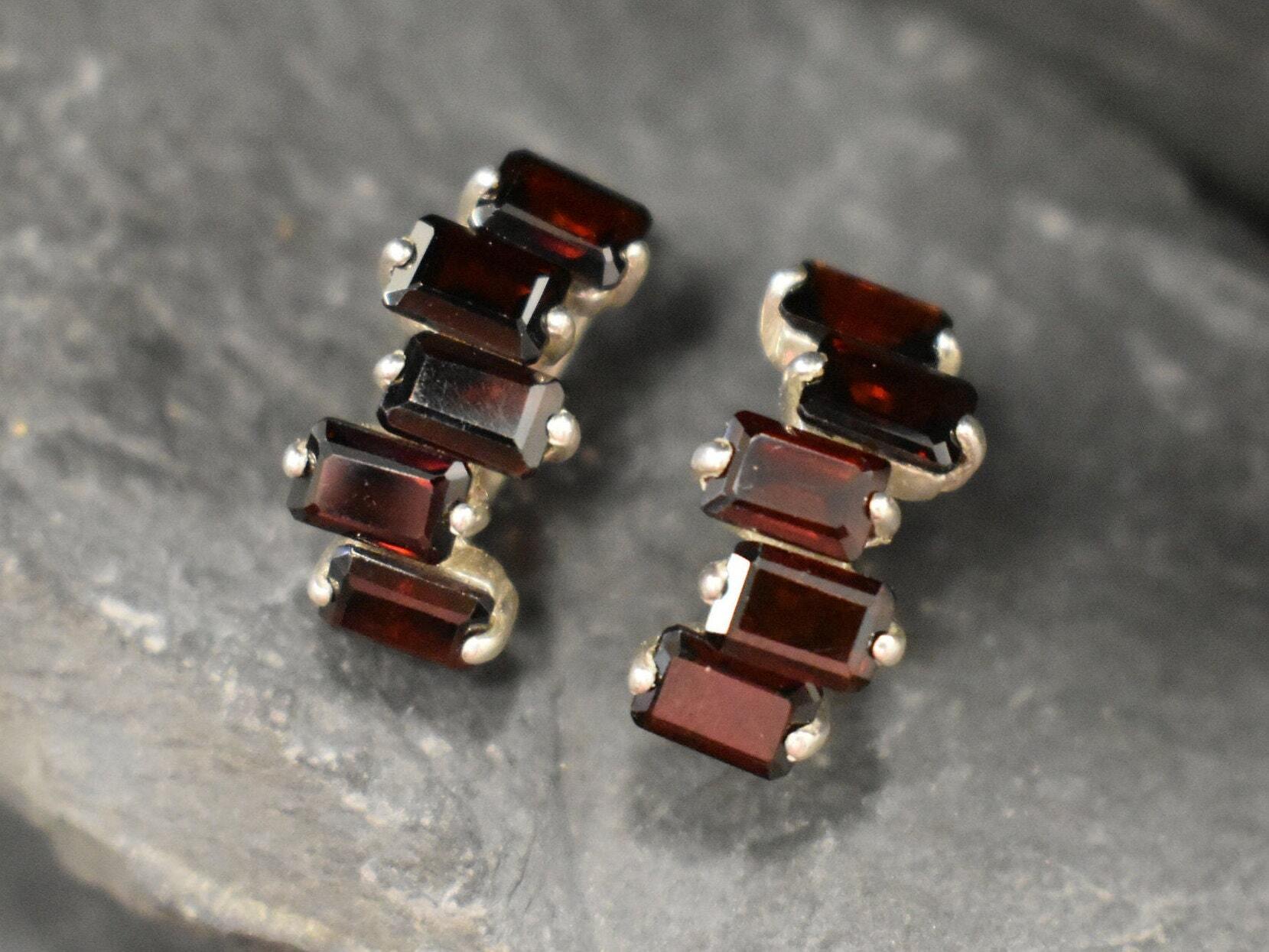 Garnet Earrings, Baguette Studs, January Birthstone, Half Hoops, Baguette Earrings, Red Earrings, Emerald Cut Studs, Solid Silver Earrings