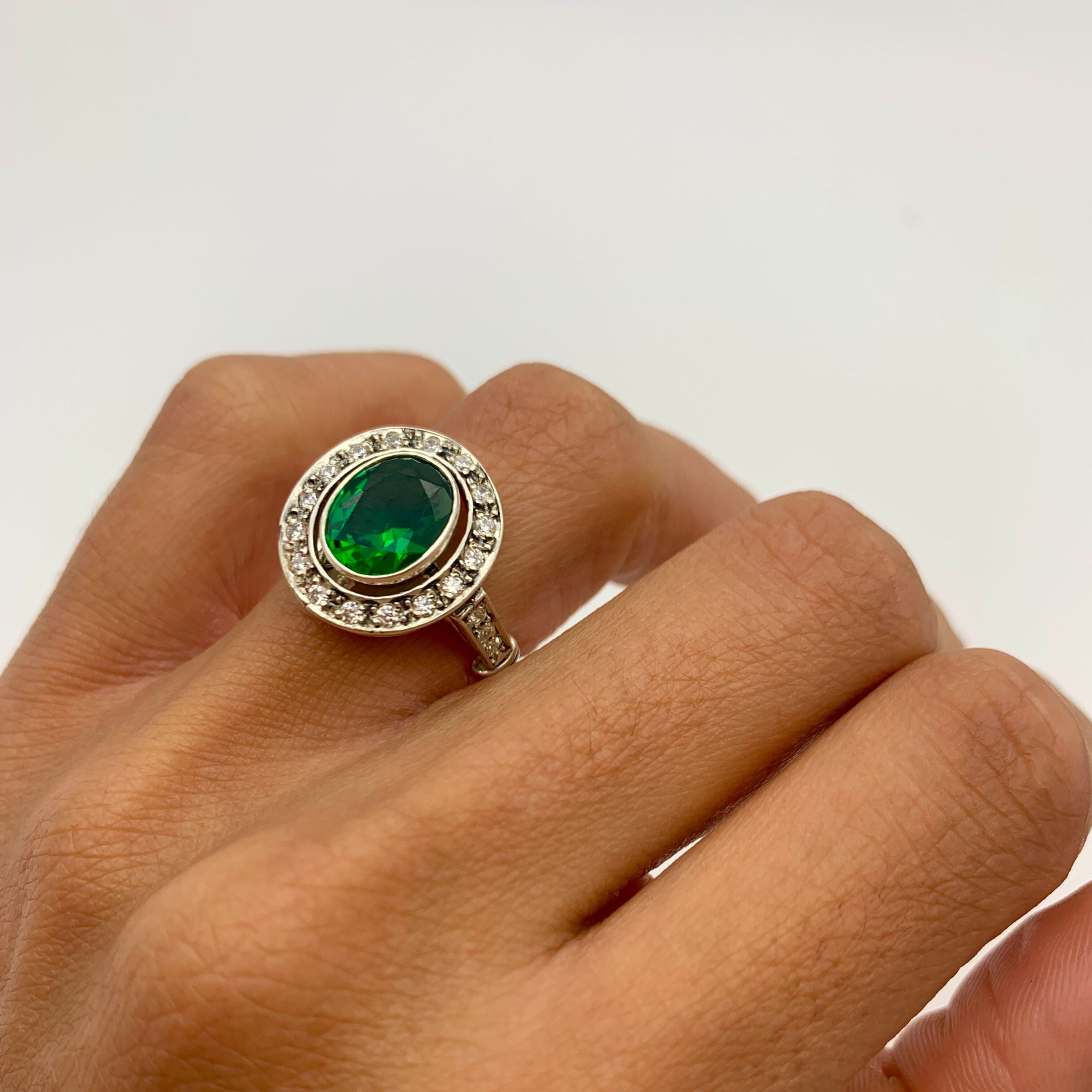 Created Emerald Ring in 925 Sterling Silver, Oval Green Emerald, May Birthstone, perfect for birthdays and special occasions.