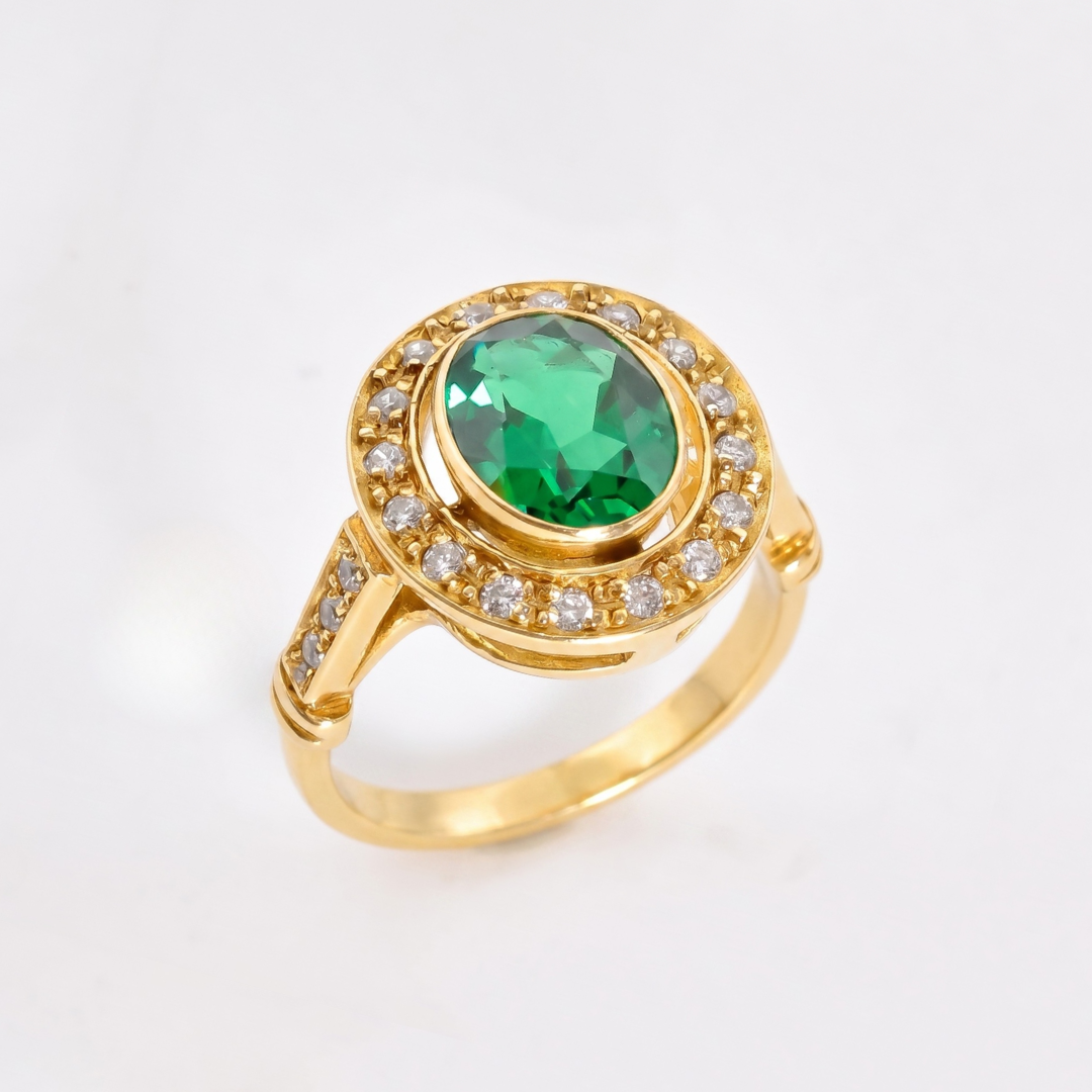 Created Emerald Ring made in 18k Gold Vermeil with Oval Created Green Emerald in Bezel setting, May Birthstone gift idea, symbolizes, ideal for everyday wear and perfect for birthday gifting and special occasions.