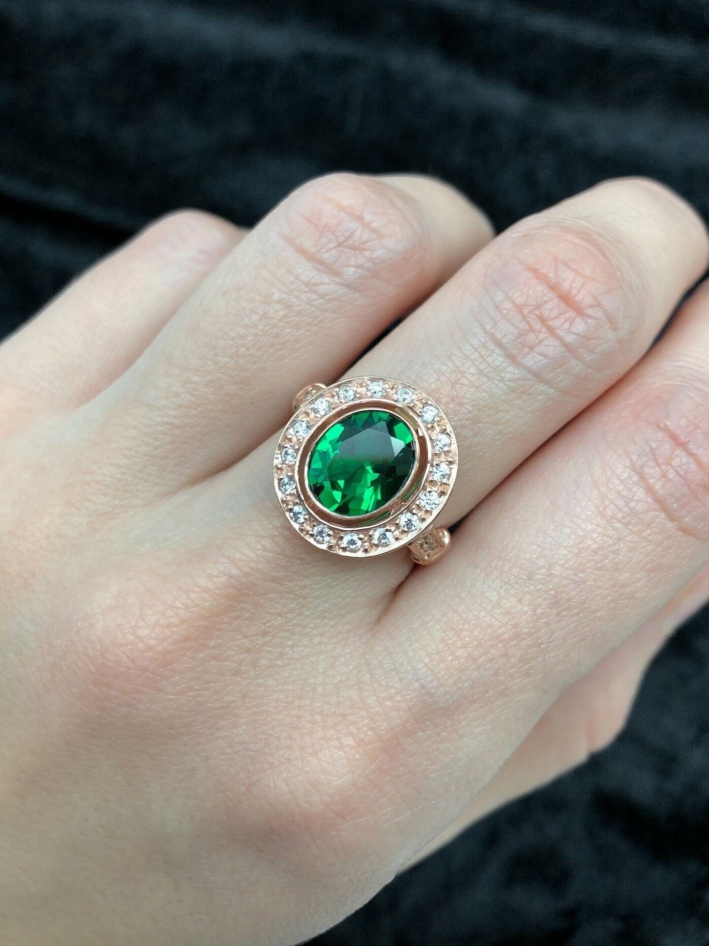 Created Emerald Ring made in Rose Gold Vermeil with Oval Created Green Emerald in Bezel setting, May Birthstone gift idea, symbolizes, ideal for everyday wear and perfect for birthday gifting and special occasions.