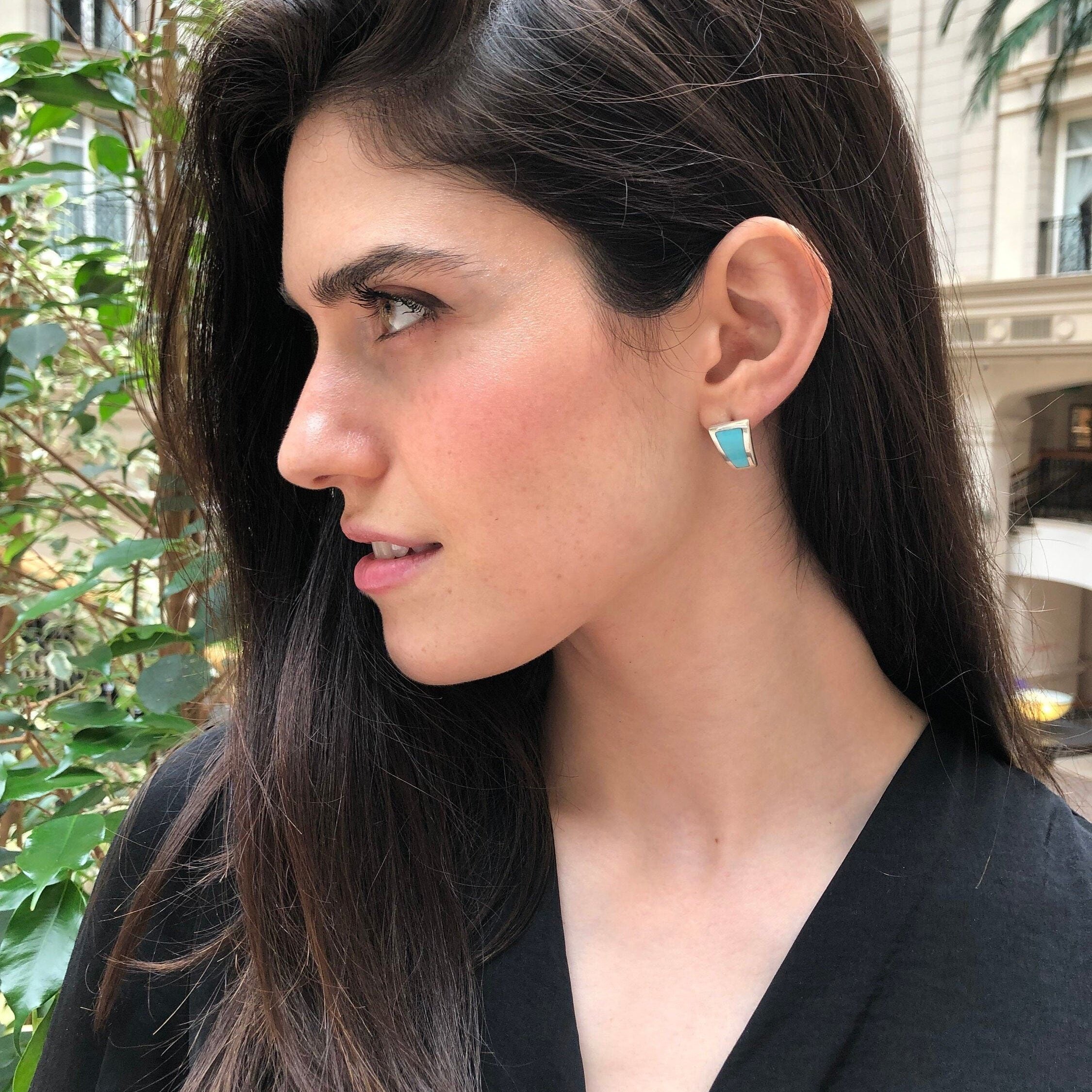 Turquoise Earrings, Natural Turquoise, Blue Retro Studs, December Birthstone, Blue Stud Earrings, Asymmetric Studs, Solid Silver Earrings