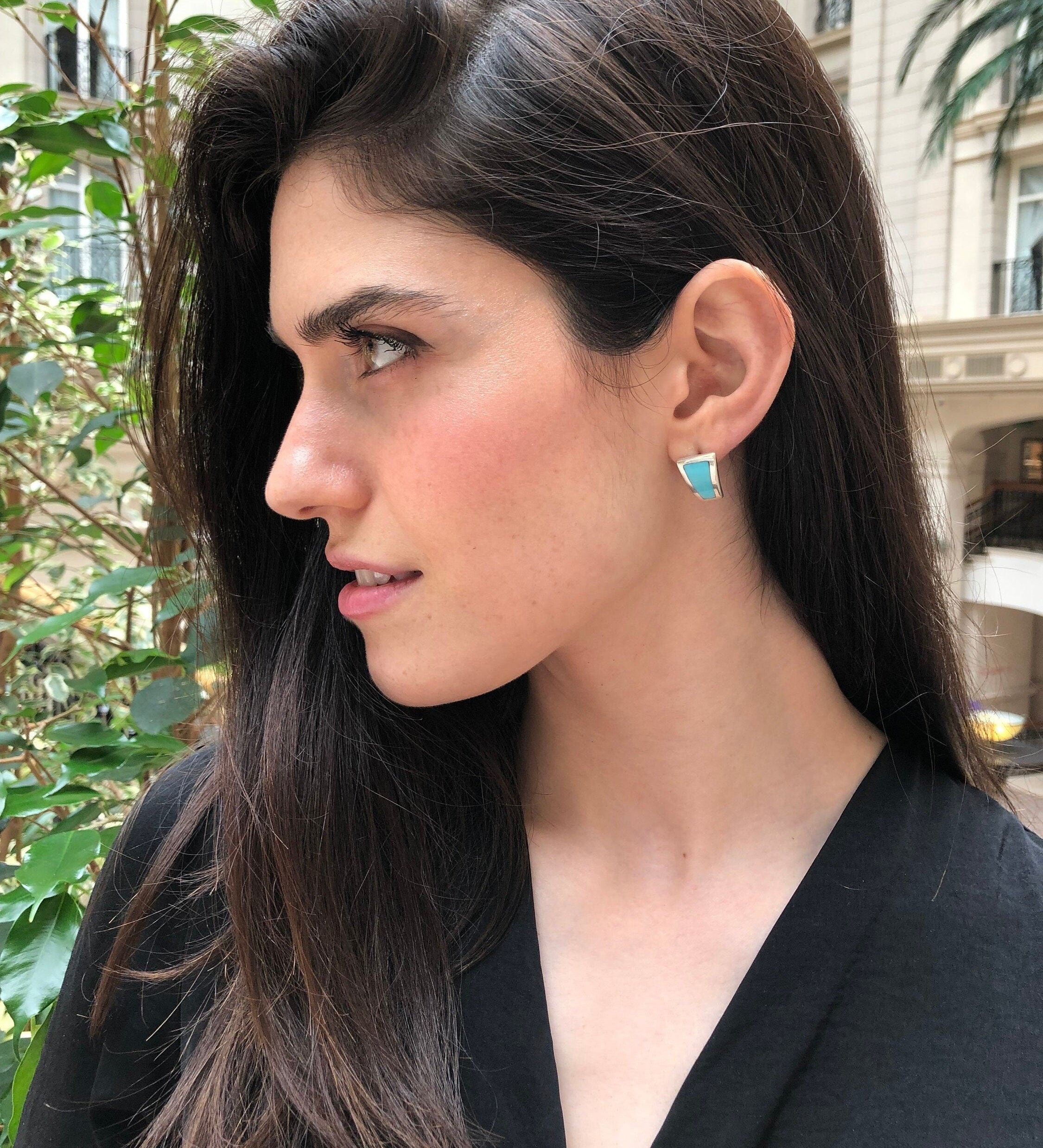 Turquoise Earrings, Natural Turquoise, Blue Retro Studs, December Birthstone, Blue Stud Earrings, Asymmetric Studs, Solid Silver Earrings