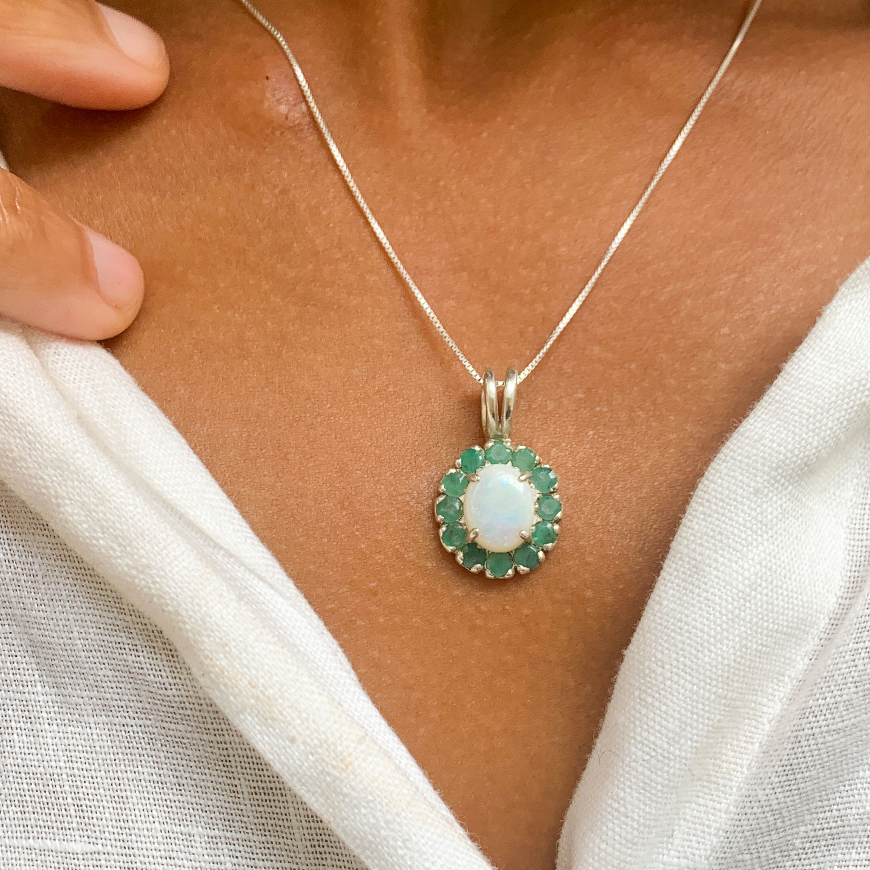 Opal Pendant, Australian Opal, Victorian Pendant, Oval Pendant, Natural Emerald Halo, Vintage Pendant, Antique Necklace, 925 Silver Pendant