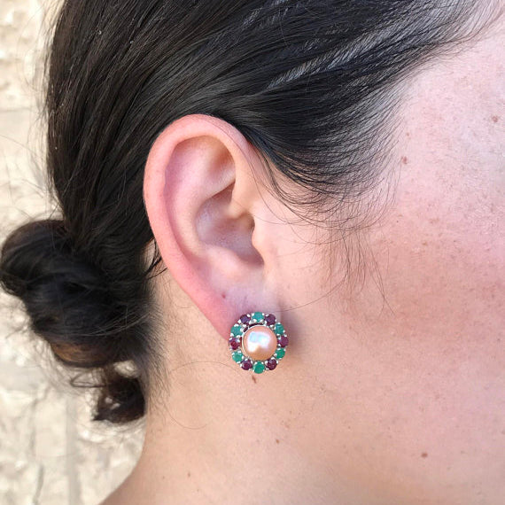 Victorian Pearl Earrings, Natural Pearls, Beige Pearl Earrings, Sapphire Earrings, Created Sapphire, June Birthstone, Silver Earrings, Pearl