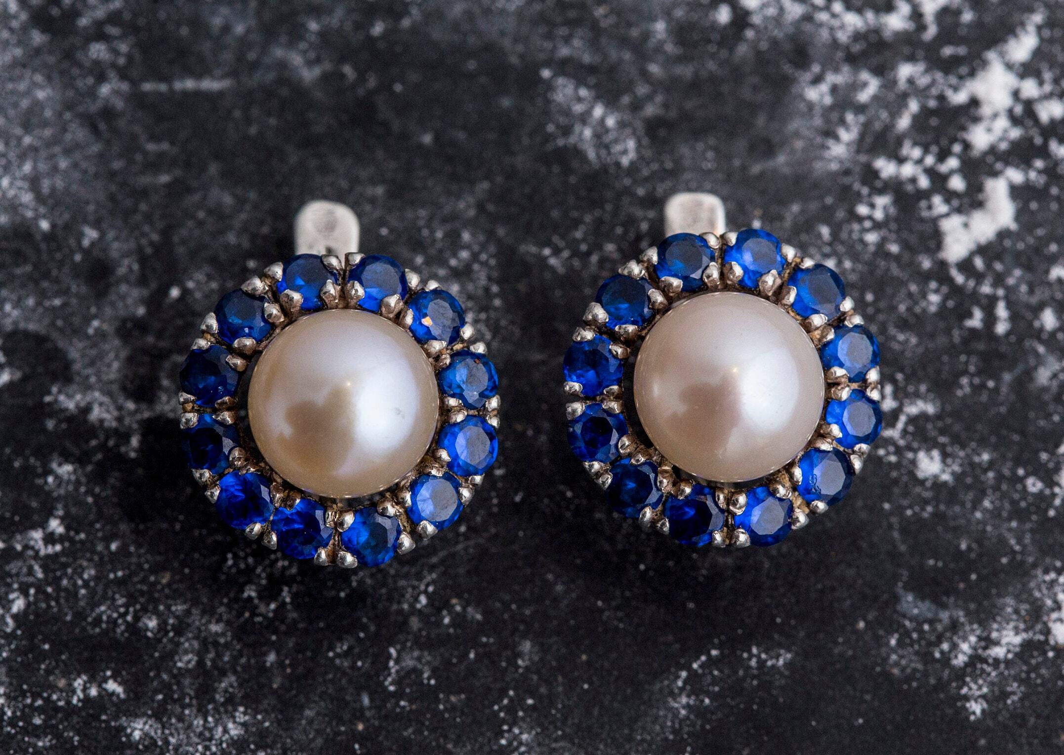 Victorian Pearl Earrings, Natural Pearls, Beige Pearl Earrings, Sapphire Earrings, Created Sapphire, June Birthstone, Silver Earrings, Pearl