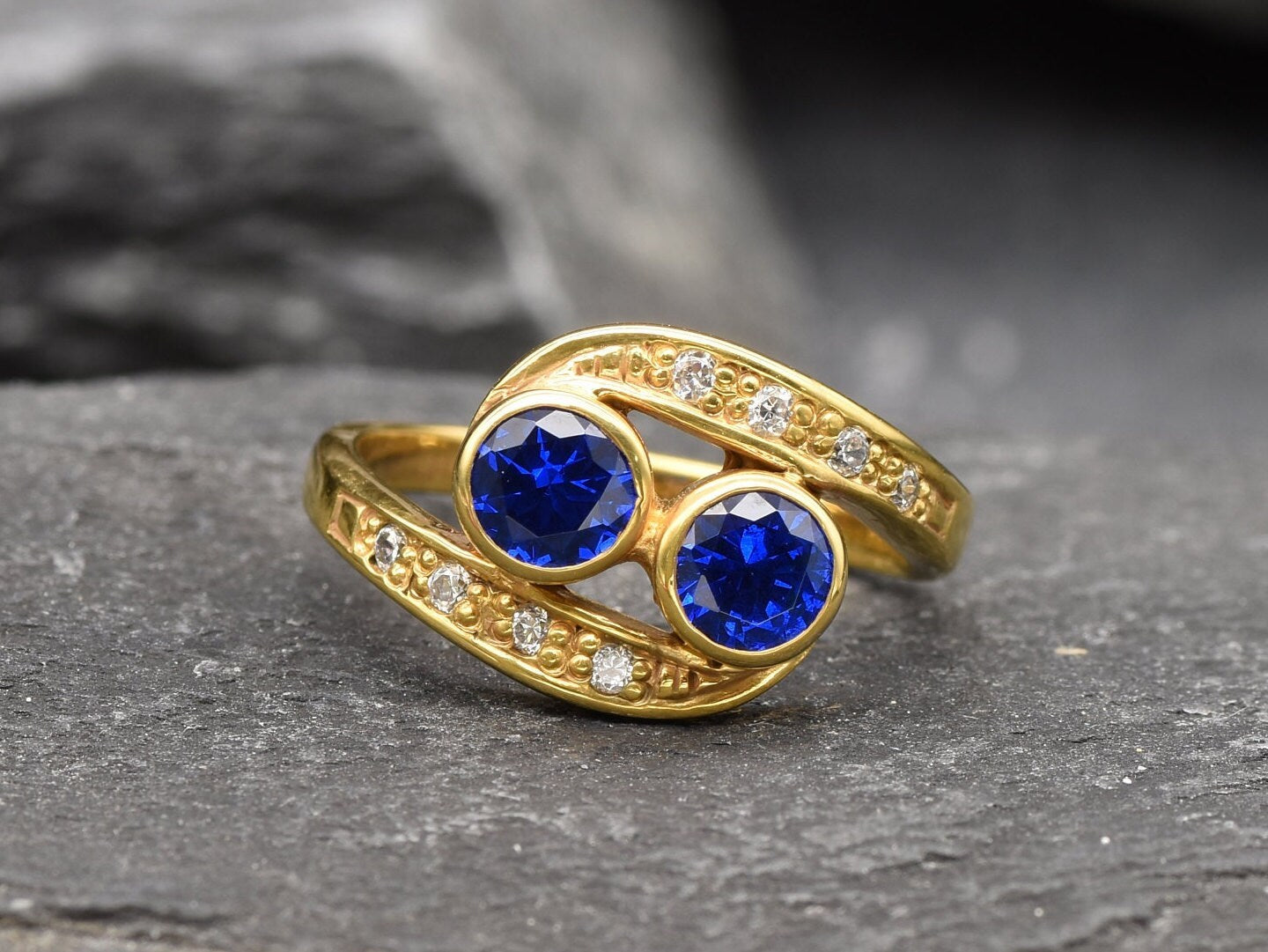 18k Gold Vermeil ring with dual Created Blue Sapphires, a timeless gift for September birthdays and meaningful moments.