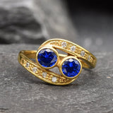 18k Gold Vermeil ring with dual Created Blue Sapphires, a timeless gift for September birthdays and meaningful moments.
