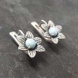 Blue Flower Earrings - Genuine Larimar Earrings - Vintage Floral Studs