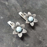 Blue Flower Earrings - Genuine Larimar Earrings - Vintage Floral Studs