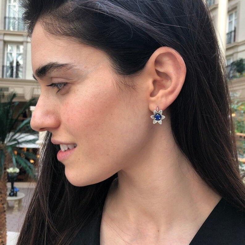 Larimar Earrings, Flower Studs, March Birthstone, Dainty Earrings, Flower Earrings, Vintage Earrings, Blue Earrings, Solid Silver Earrings