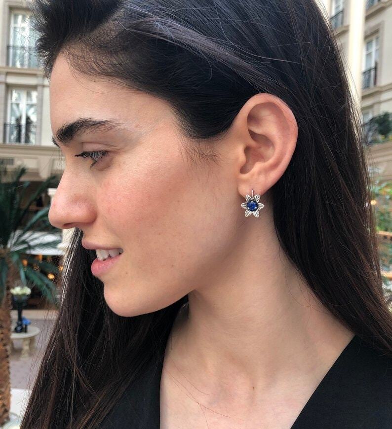 Larimar Earrings, Flower Studs, March Birthstone, Dainty Earrings, Flower Earrings, Vintage Earrings, Blue Earrings, Solid Silver Earrings