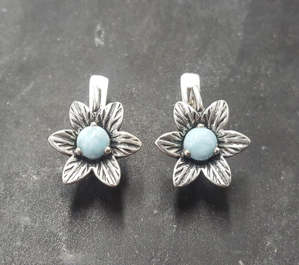 Larimar Earrings, Flower Studs, March Birthstone, Dainty Earrings, Flower Earrings, Vintage Earrings, Blue Earrings, Solid Silver Earrings