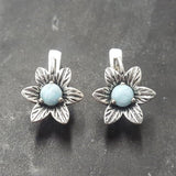 Blue Flower Earrings - Genuine Larimar Earrings - Vintage Floral Studs