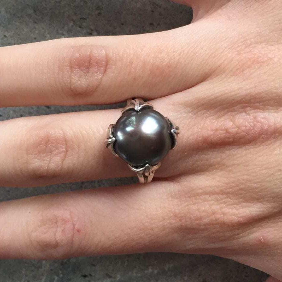 Black Pearl Ring, Genuine Pearl, Pearl Promise Ring, Vintage Rings, Pearl Ring, Vintage Pearl Ring, June Birthstone, Solid Silver Ring