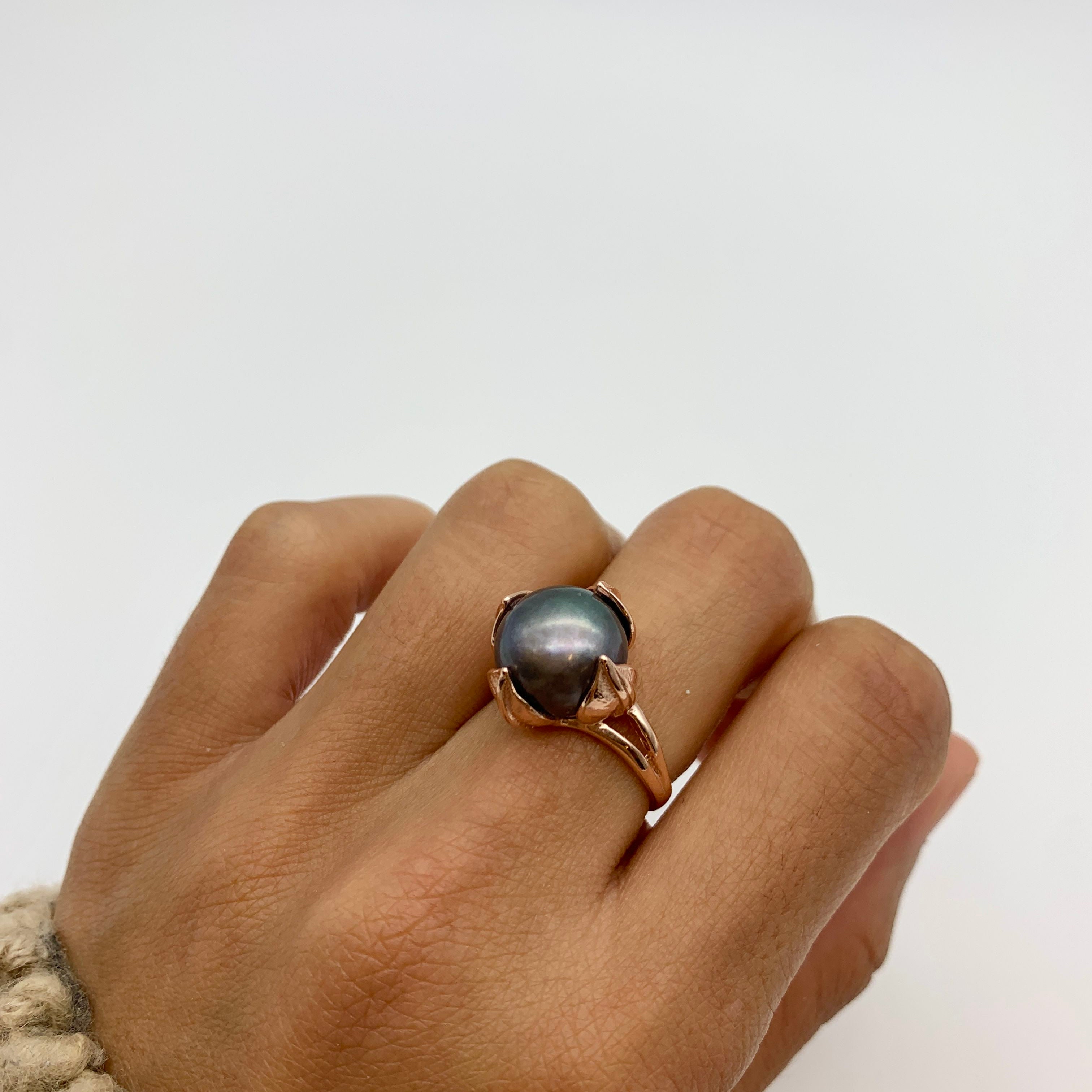 Black Pearl Ring, Genuine Pearl, Pearl Promise Ring, Vintage Rings, Pearl Ring, Vintage Pearl Ring, June Birthstone, Solid Silver Ring(3)