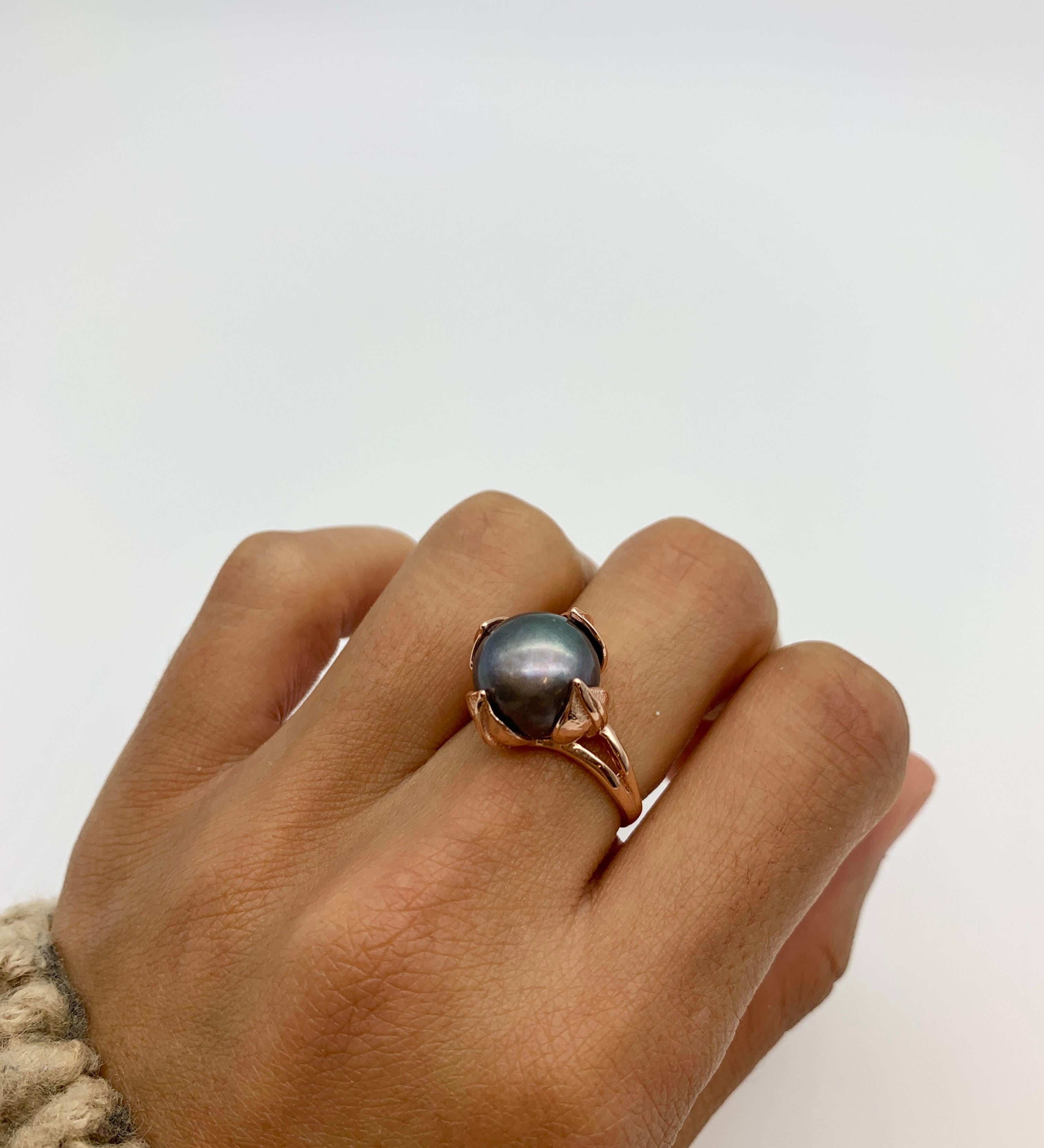 Black Pearl Ring, Genuine Pearl, Pearl Promise Ring, Vintage Rings, Pearl Ring, Vintage Pearl Ring, June Birthstone, Solid Silver Ring(3)