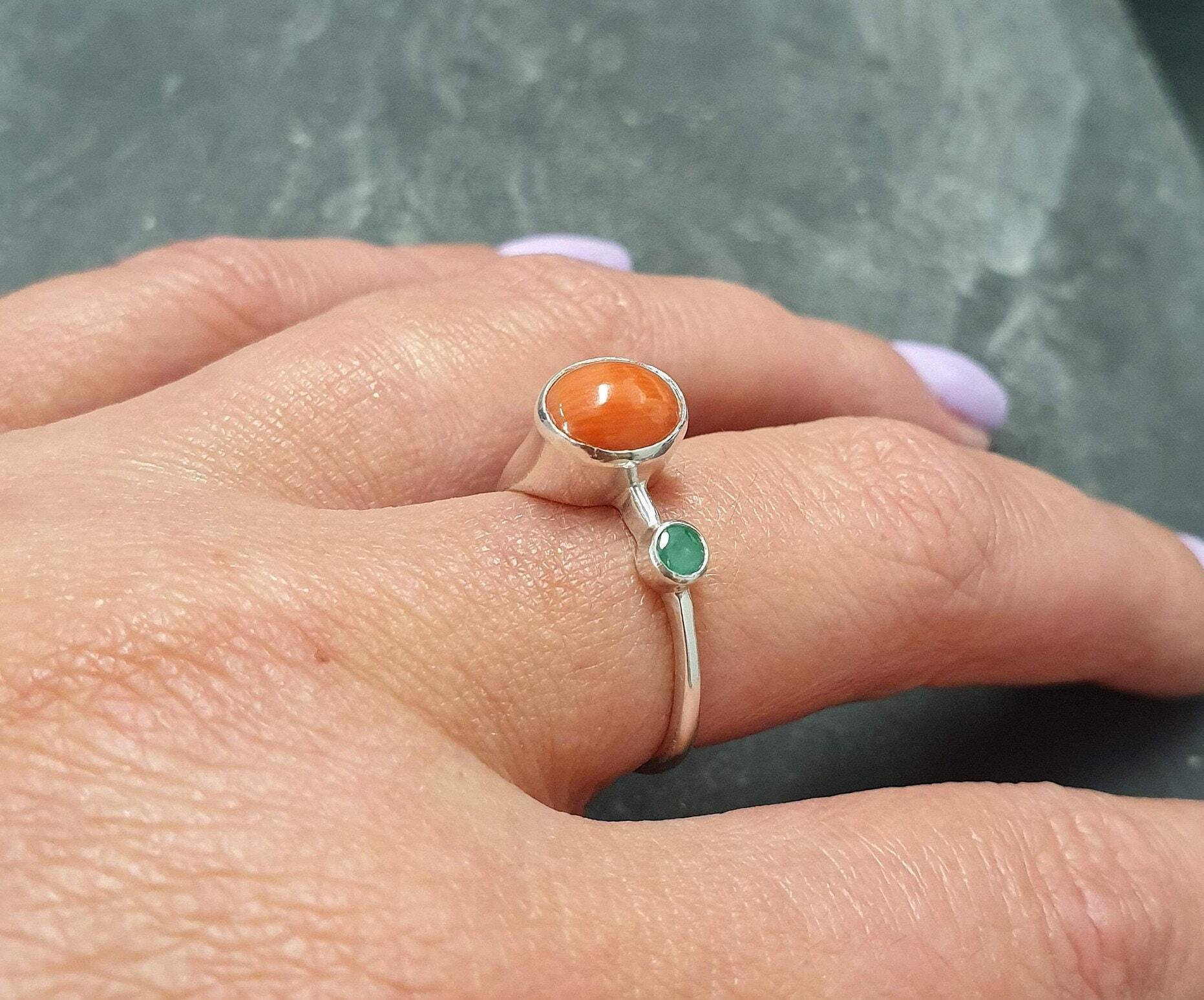Red Coral Ring, Coral Ring, Natural Red Coral, March Birthstone, Asymmetric Ring, Vintage Coral Ring, Multistone Ring, Solid Silver Ring