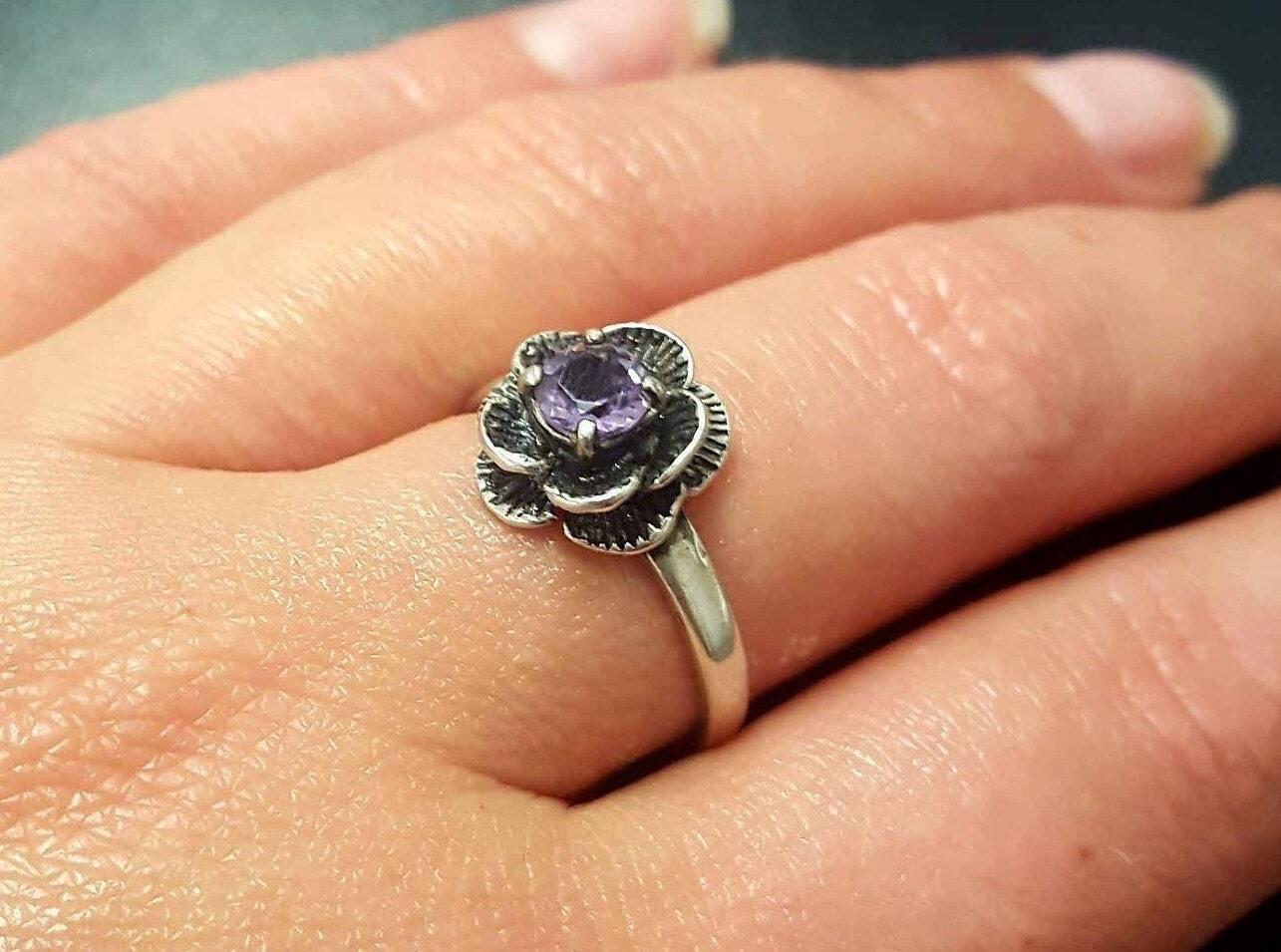 Genuine Amethyst Ring - Purple Flower Ring - February Birthstone Ring