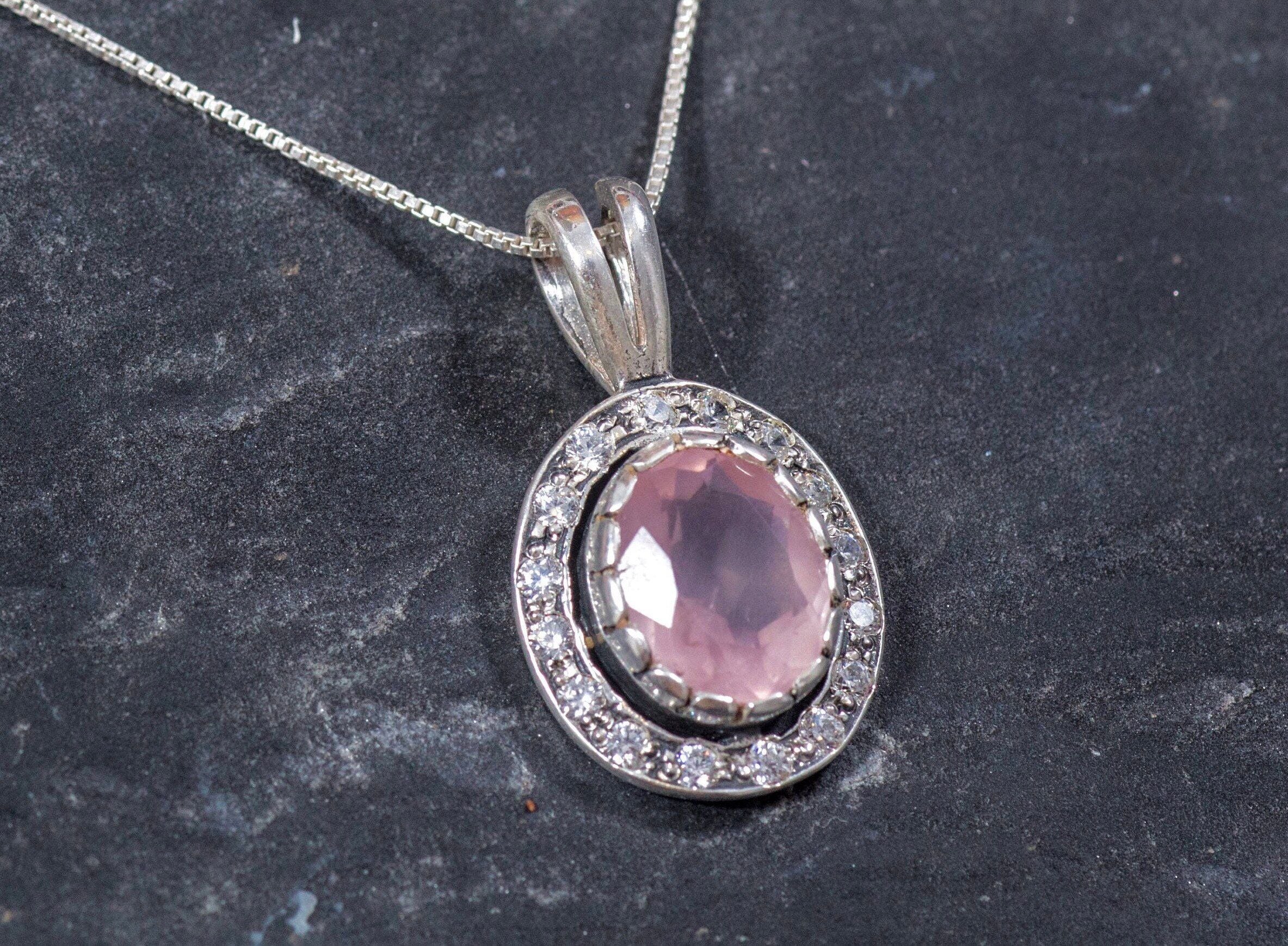 Rose Quartz Pendant, Vintage Pendant, Natural Stone, Love Pendant, Antique Pendant, Pink Pendant, Solid Silver, Silver Pendant, Silver Chain