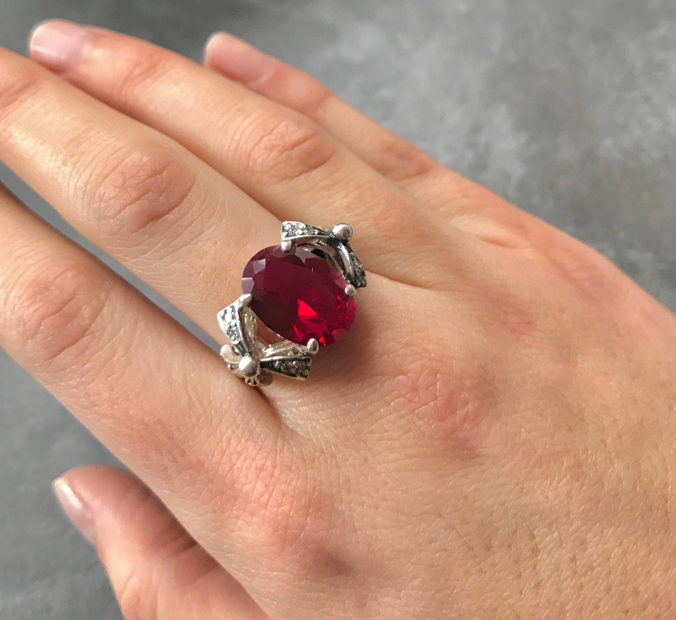 Elegant 925 Sterling Silver Ruby Ring with Oval Created Red Ruby, perfect for everyday wear and special occasions.