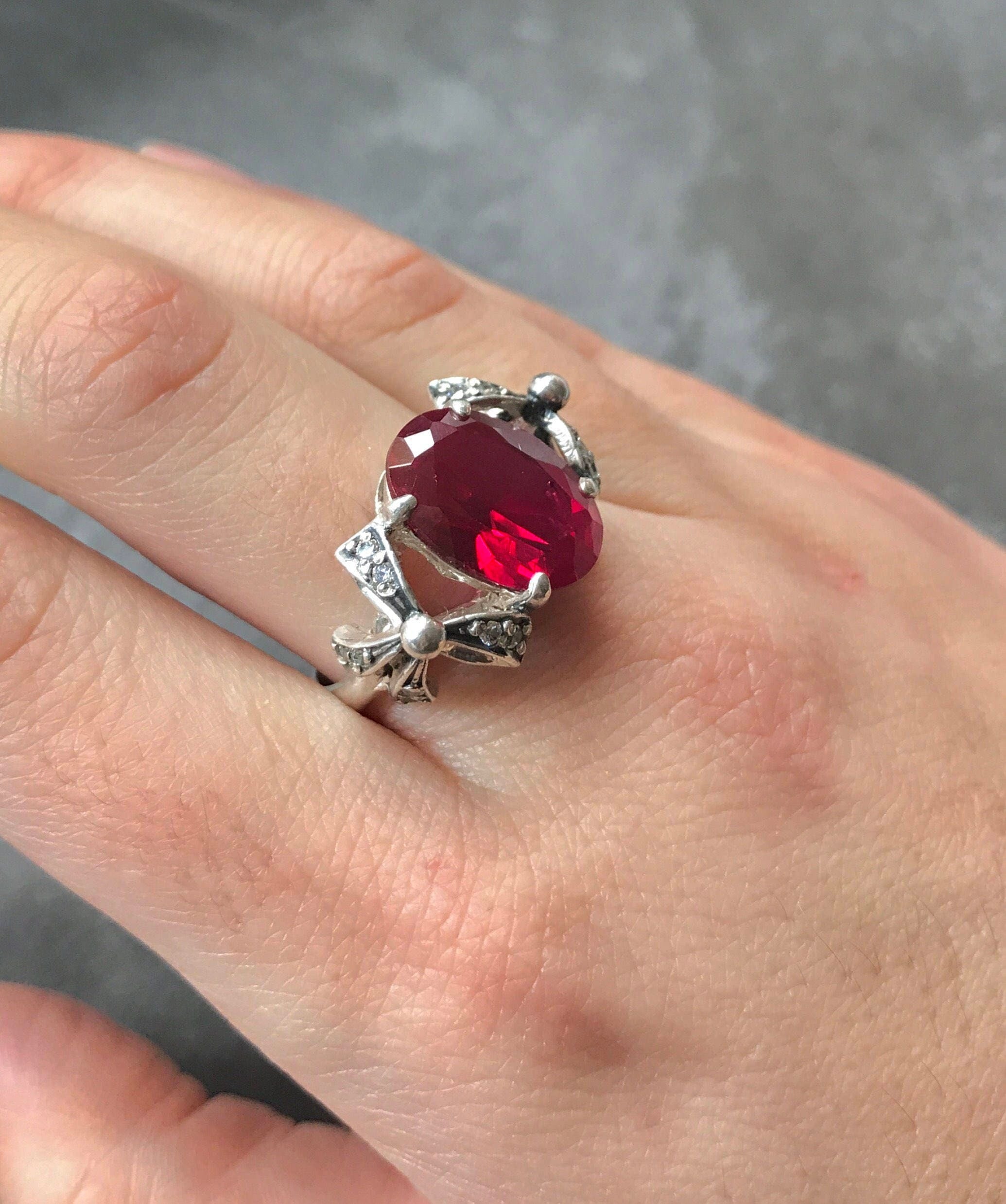 Red Ruby Ring, Ribbon Ring, Created Ruby Ring, Vintage Silver Ring, Vintage Ring, Silver Ribbon, Ruby Ring, Red Ring, Antique Red Ring