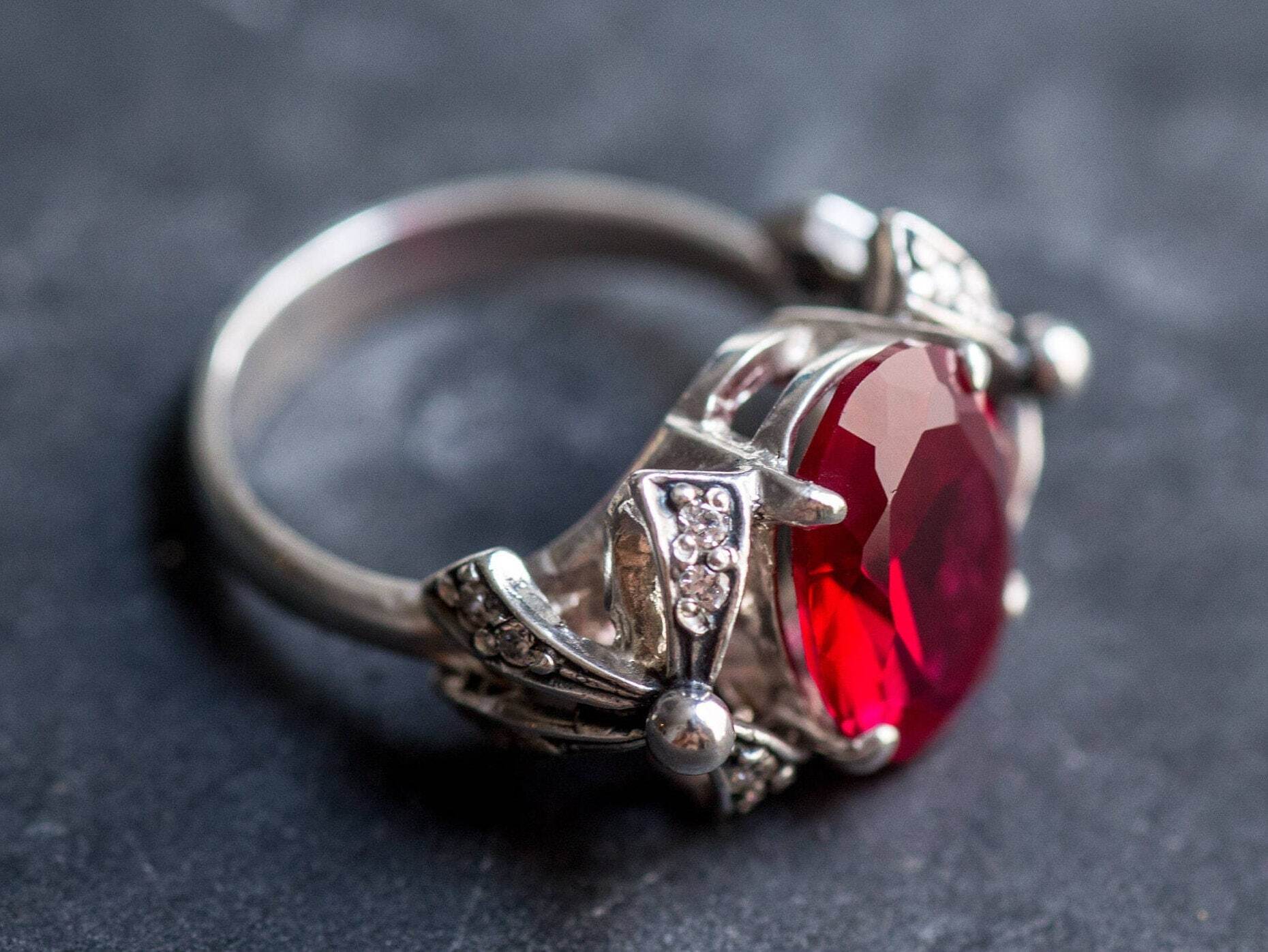 Red Ruby Ring, Ribbon Ring, Created Ruby Ring, Vintage Silver Ring, Vintage Ring, Silver Ribbon, Ruby Ring, Red Ring, Antique Red Ring