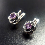 Genuine Amethyst Earrings - Purple Flower Studs - Vintage Rose Earrings