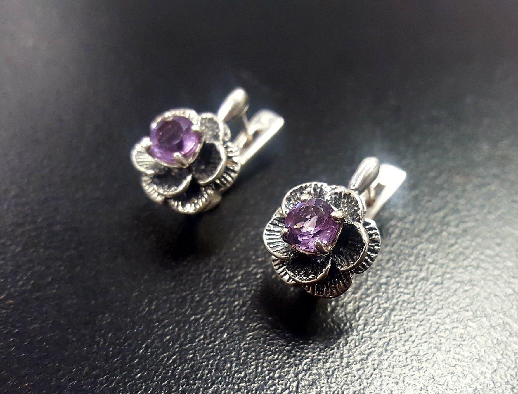 Flower Earrings, Natural Amethyst, Rose Earrings, February Birthstone, Rose Studs, Dainty Rose Earrings, Purple Earrings, Silver Earrings
