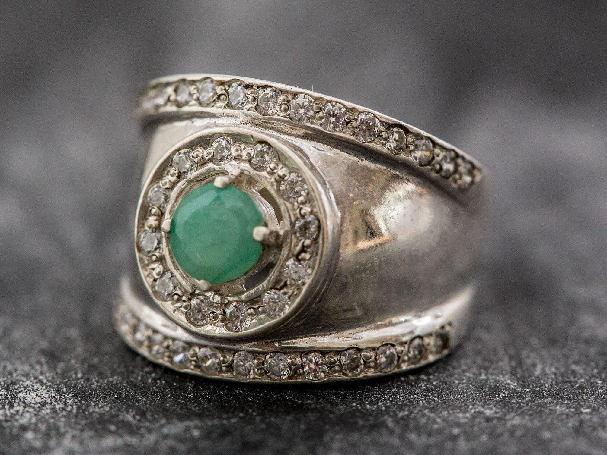 Vintage Emerald Ring, Bezel Ring, Natural Emerald Ring, Vintage Silver Ring, Wide Ring, May Birthstone Ring, Real Emerald Ring, Solid Silver