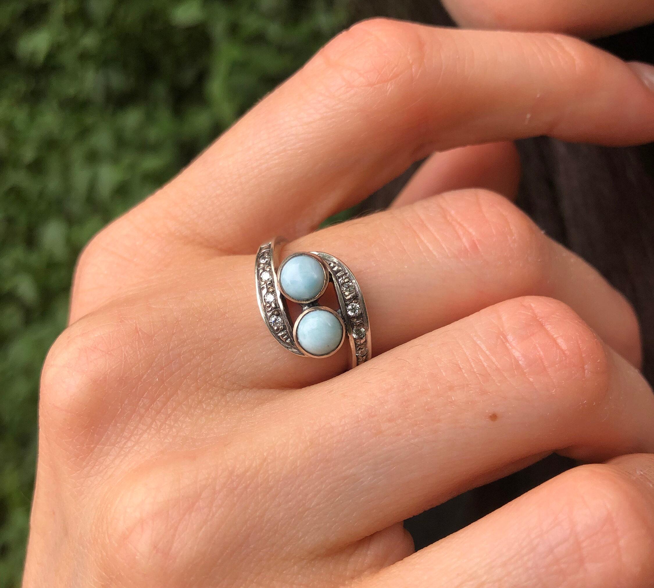 Larimar Ring, Natural Larimar, March Birthstone, Two Stone Ring, Unique Stone Ring, Jewel Of Atlantis, Blue Stone Ring, Solid Silver Ring