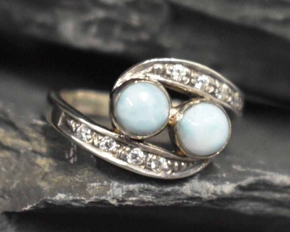 Larimar Ring, Natural Larimar, March Birthstone, Two Stone Ring, Unique Stone Ring, Jewel Of Atlantis, Blue Stone Ring, Solid Silver Ring
