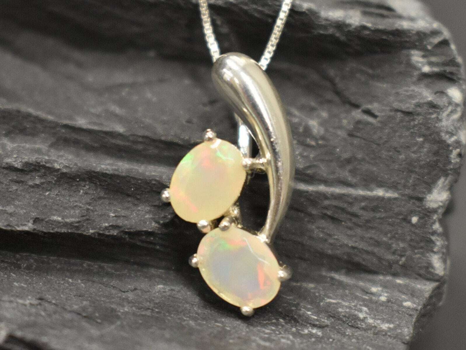 Fire Opal Necklace, Natural Fire Opal, Opal Pendant, Two Stone Pendant, October Birthstone, Anniversary Necklace, Yellow Pendant, 925 Silver