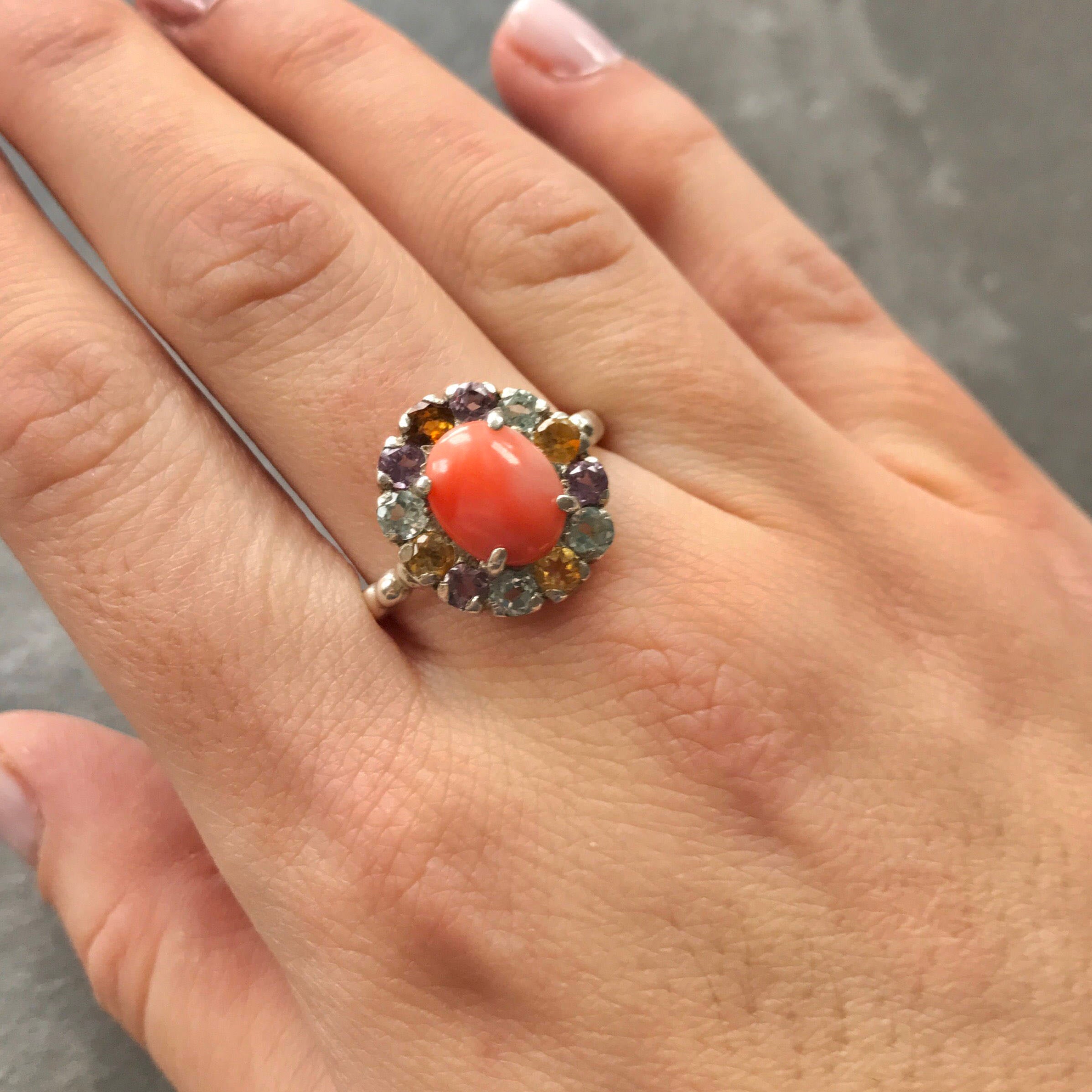 Natural Coral Ring, March Birthstone, Coral Ring, Pink Coral, Vintage Ring, Citrine Ring, Amethyst Ring, Blue Topaz Ring, Solid Silver Ring