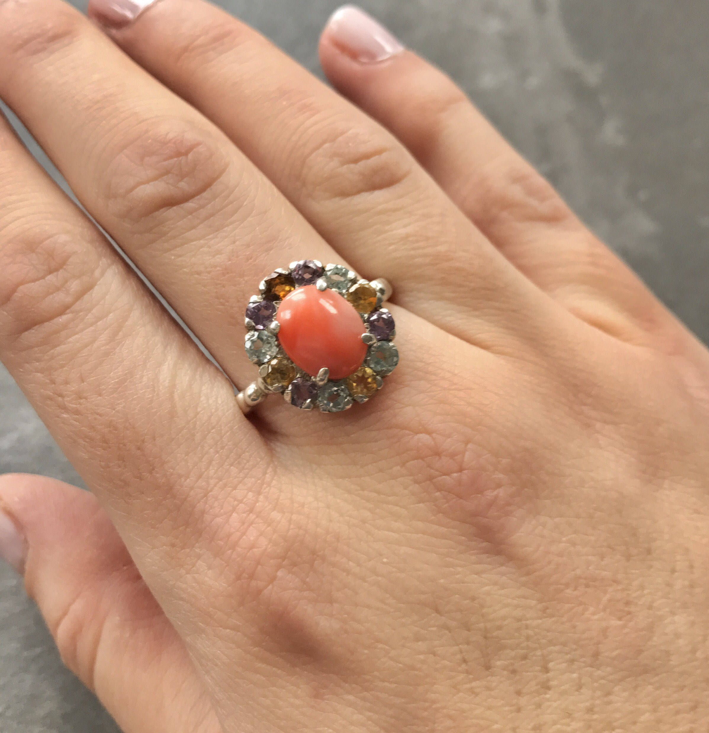 Natural Coral Ring, March Birthstone, Coral Ring, Pink Coral, Vintage Ring, Citrine Ring, Amethyst Ring, Blue Topaz Ring, Solid Silver Ring