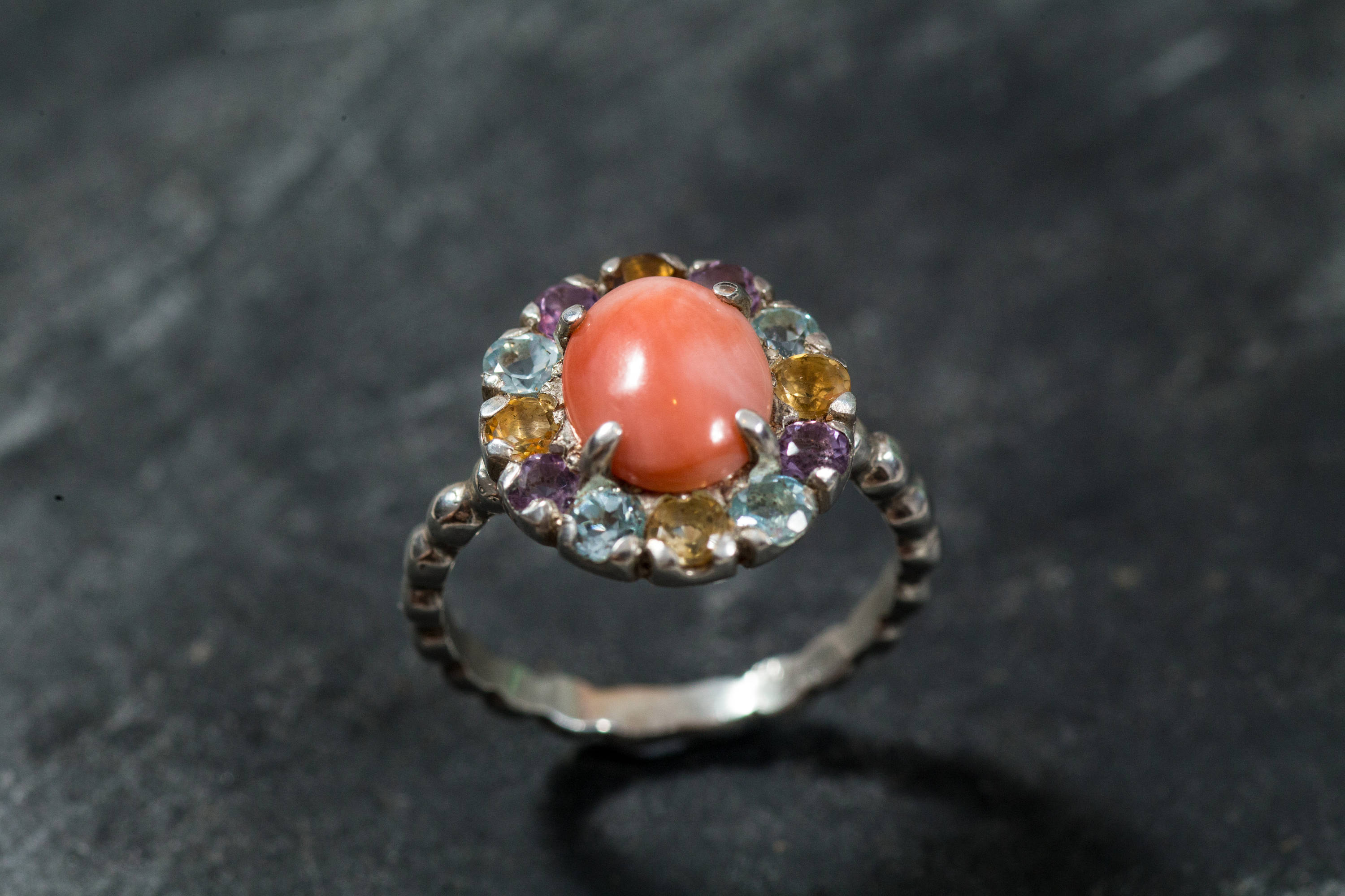 Natural Coral Ring, March Birthstone, Coral Ring, Pink Coral, Vintage Ring, Citrine Ring, Amethyst Ring, Blue Topaz Ring, Solid Silver Ring