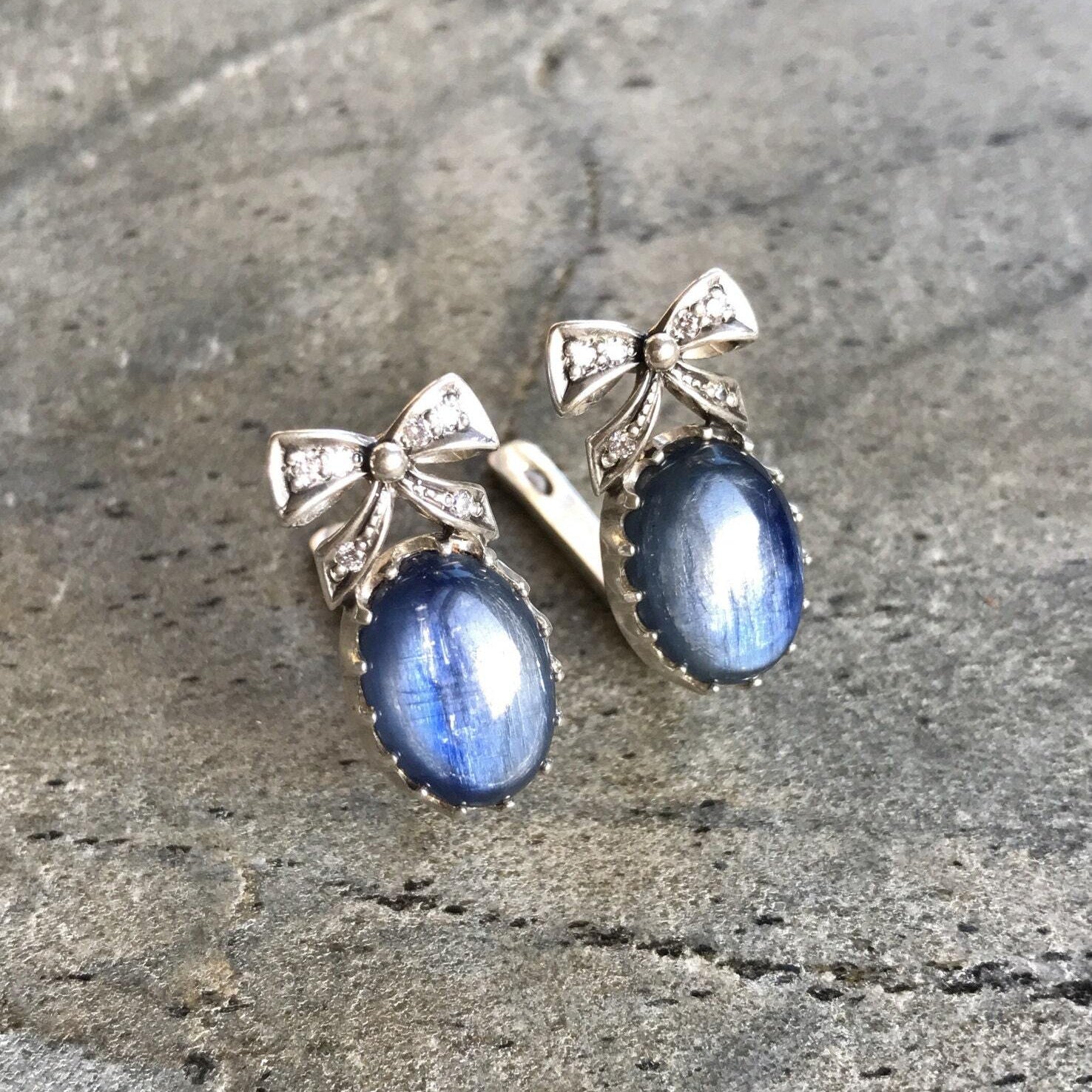 Ribbon Earrings, Kyanite Earrings, Blue Kyanite, Natural Kyanite, Blue Kyanite Earrings, Vintage Earrings, Solid Silver, Kyanite, Vintage