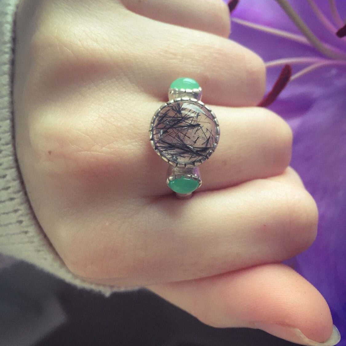 Rutilated Quartz Ring, Rutilated Quartz, Black Rutilated, Chrysoprase Ring, Statement Ring, Unique Ring, Natural Gmes