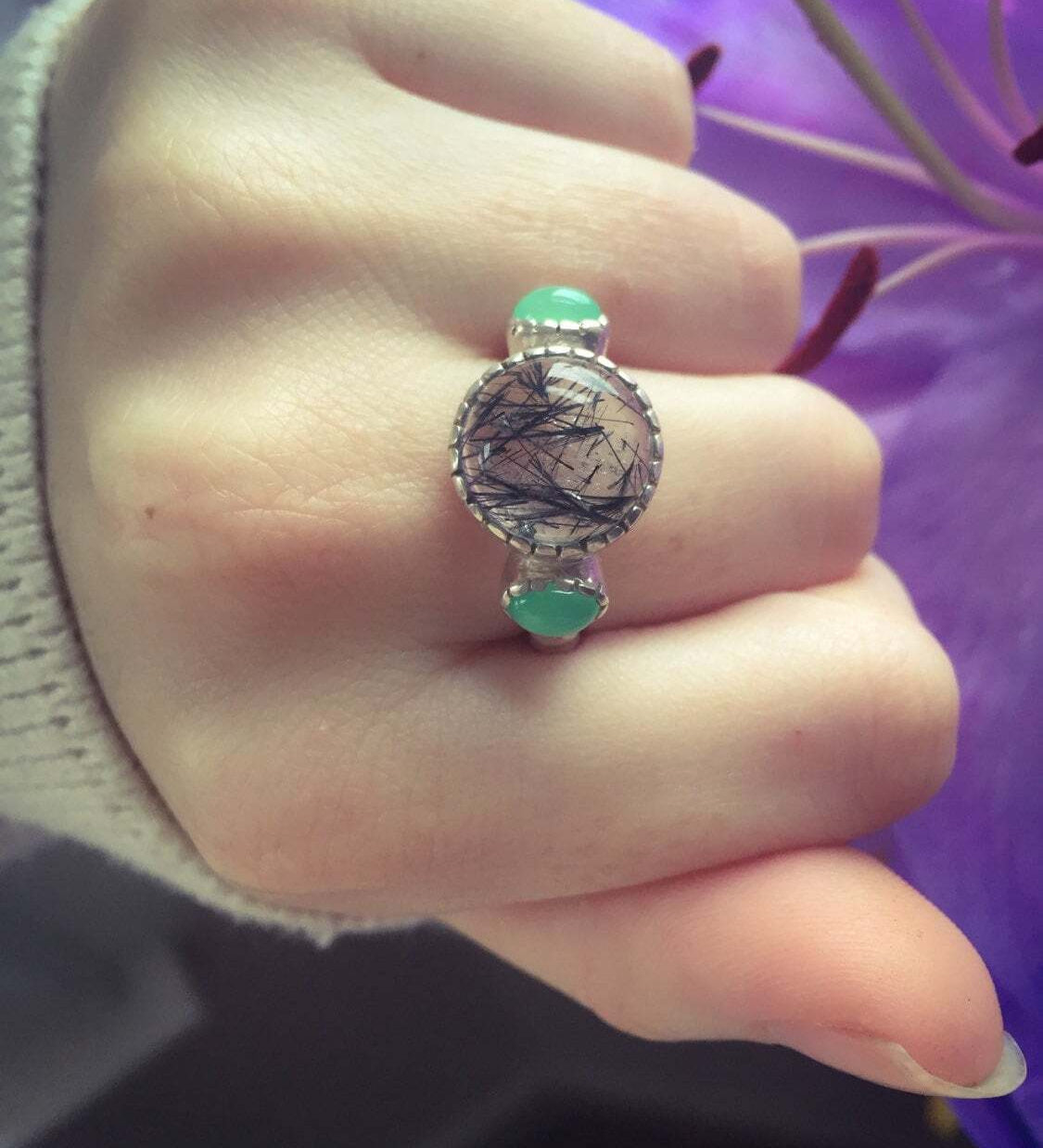 Rutilated Quartz Ring, Rutilated Quartz, Black Rutilated, Chrysoprase Ring, Statement Ring, Unique Ring, Natural Gmes
