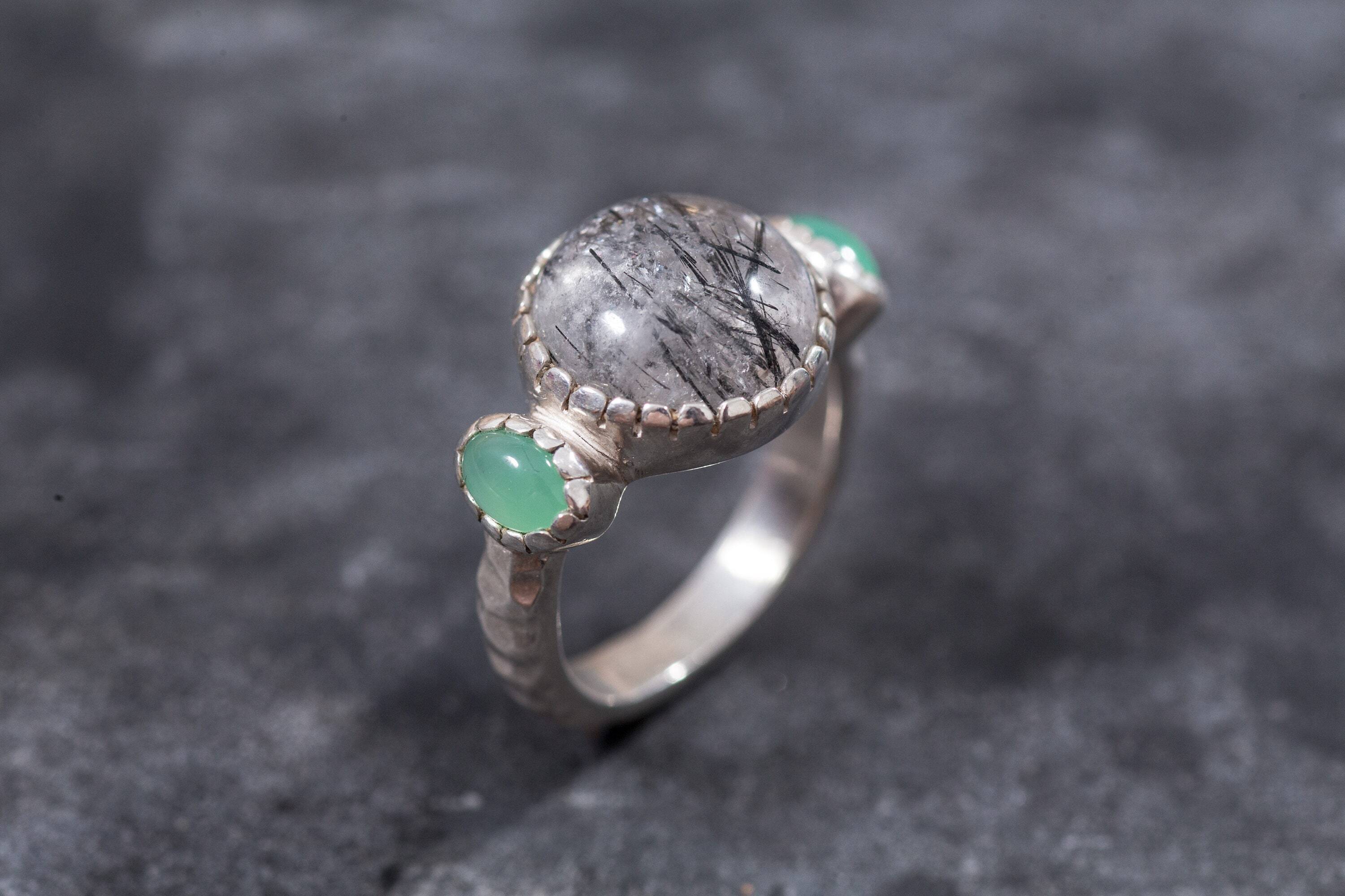 Rutilated Quartz Ring, Rutilated Quartz, Black Rutilated, Chrysoprase Ring, Statement Ring, Unique Ring, Natural Gmes