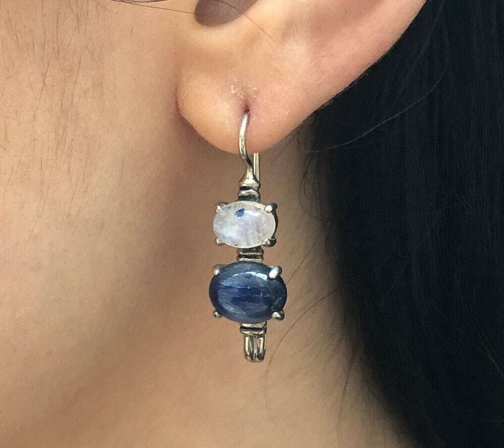 Moonstone Earrings, Kyanite Earrings, Rainbow Moonstone, Long Earrings, Dainty Earrings, Artisan Gemstone Earrings, Solid Silver Earrings
