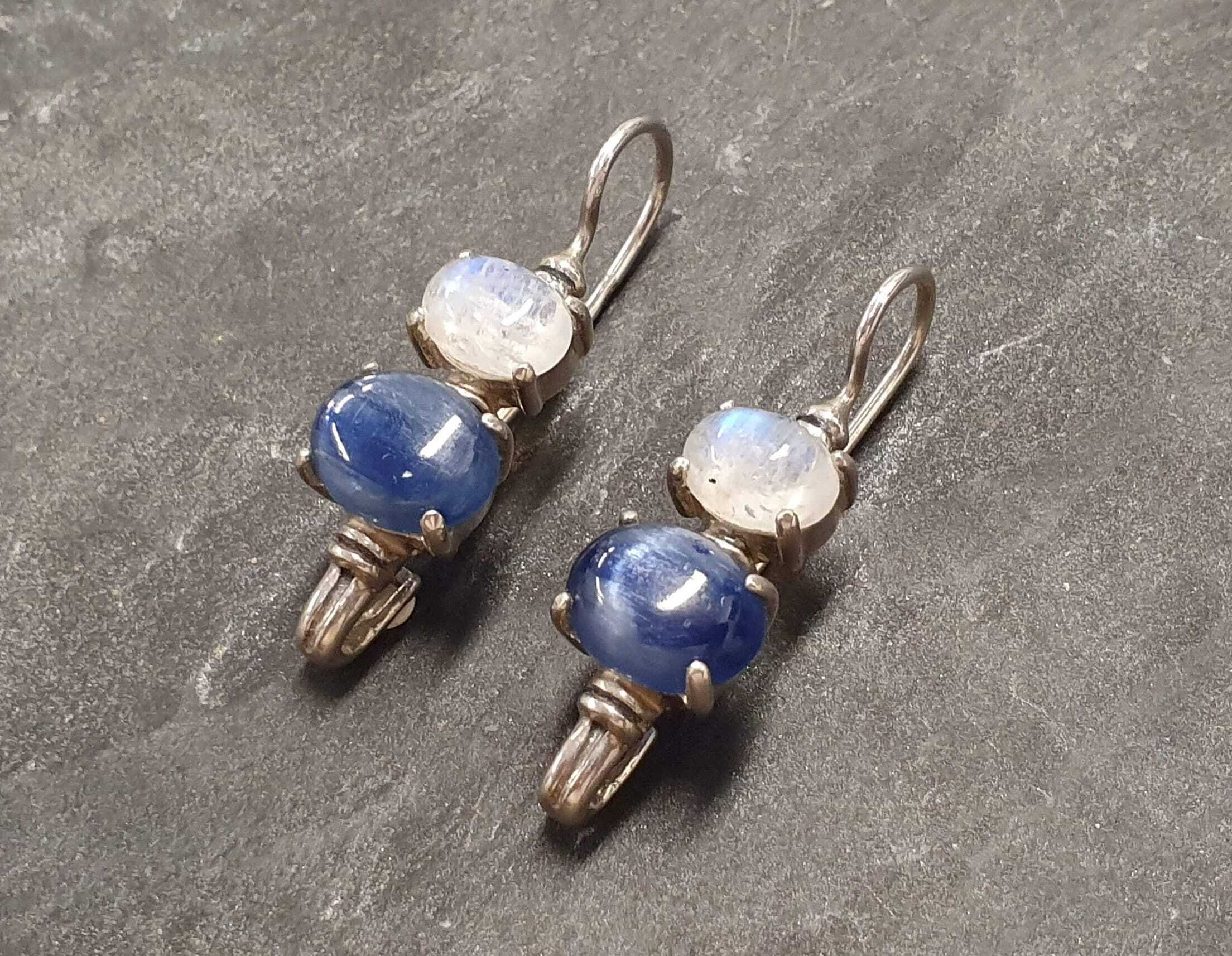 Moonstone Earrings, Kyanite Earrings, Rainbow Moonstone, Long Earrings, Dainty Earrings, Artisan Gemstone Earrings, Solid Silver Earrings