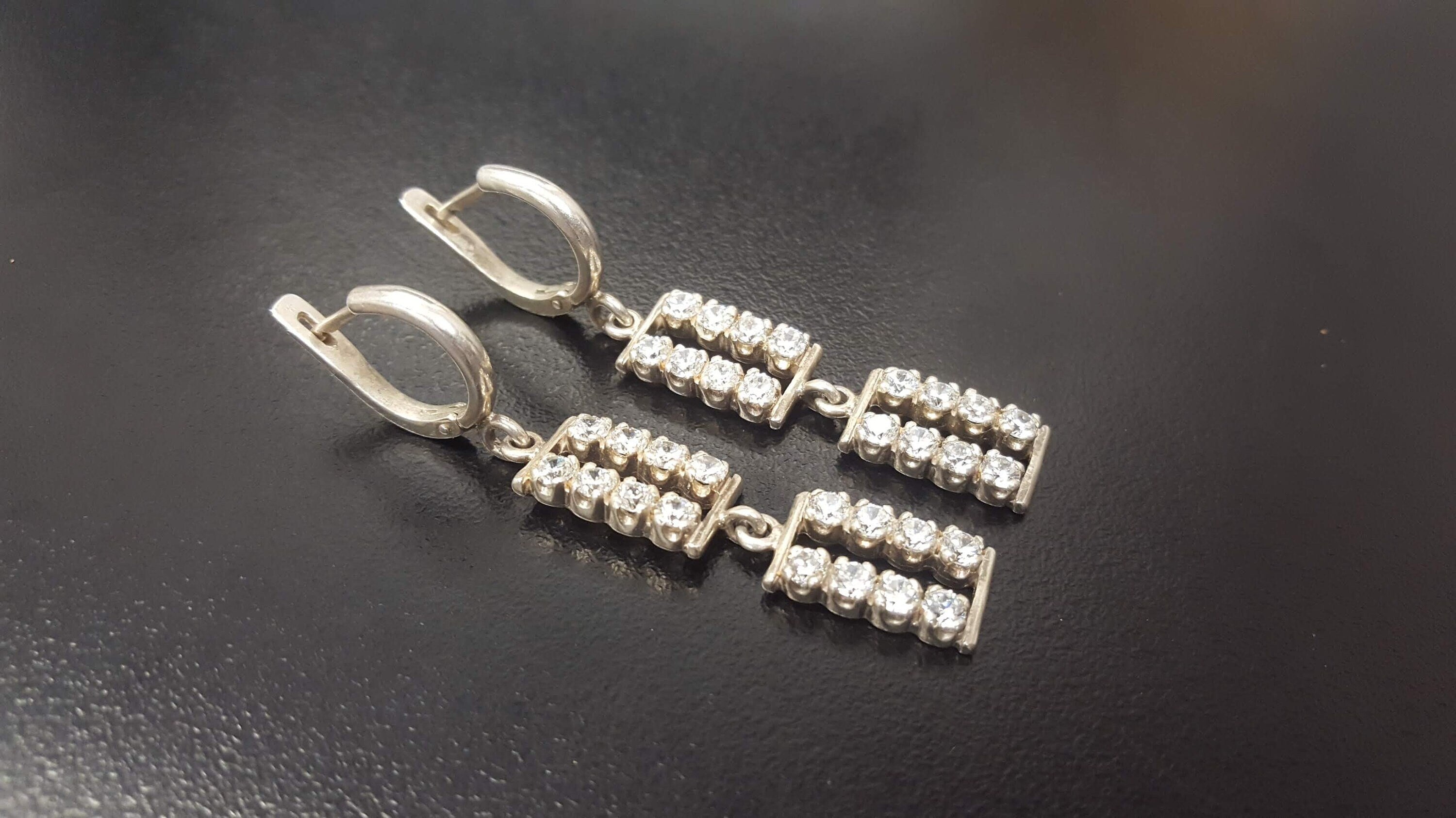 Diamond Earrings, Created Diamond, Vintage Earrings, Bridal Long Earrings, White Diamond, Cz Diamond Earrings, Silver Earrings, Diamond