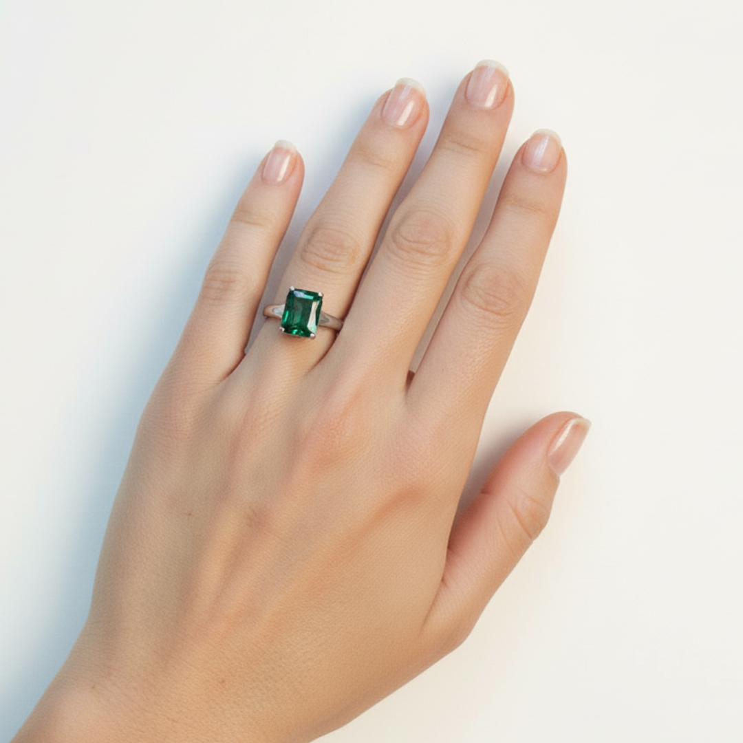 Elegant Created Emerald Ring in sterling silver, ideal for May birthdays and a chic everyday accessory.