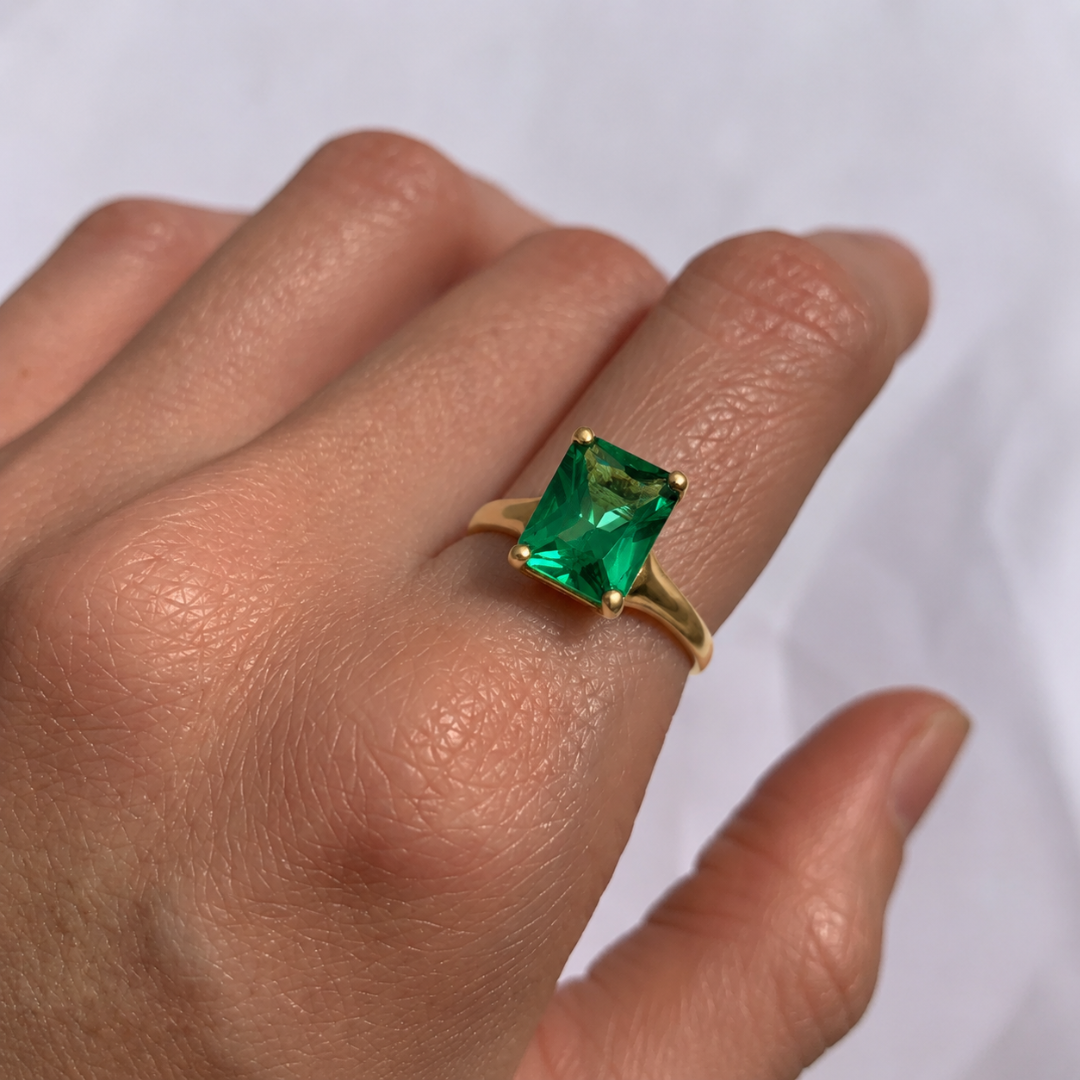 18k Gold Vermeil Created Emerald Ring, Solitaire setting, May Birthstone, ideal for everyday wear and special occasions.