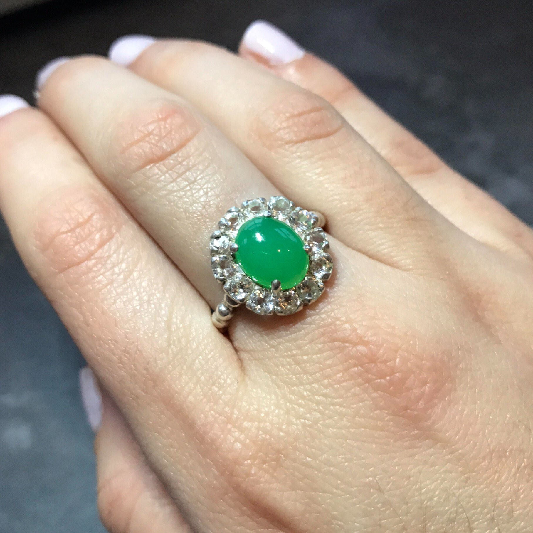 Chrysoprase Ring, Real Chrysoprase, Large Chrysoprase, Natural Topaz, White Topaz Ring, Rare Ring, Vintage Silver Ring, Chrysoprase, Topaz