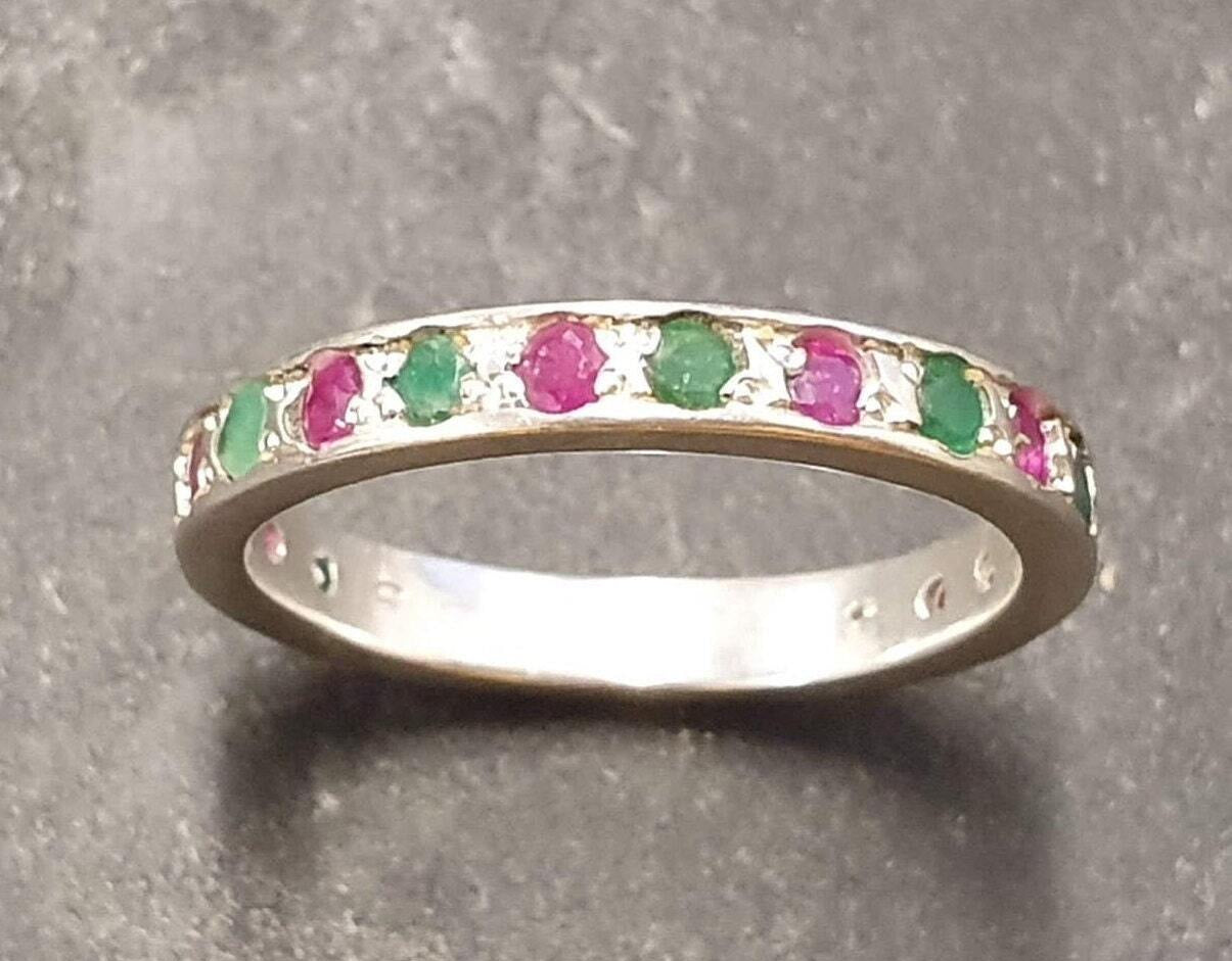 Eternity Ring, Ruby Band, Emerald Band, Birthstone Ring, Stackable Ring, Vintage Eternity Ring, Multistone Ring, Eternity Band, Silver Ring