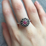 Round Ruby Ring - Red Flower Ring - Natural Ruby Ring