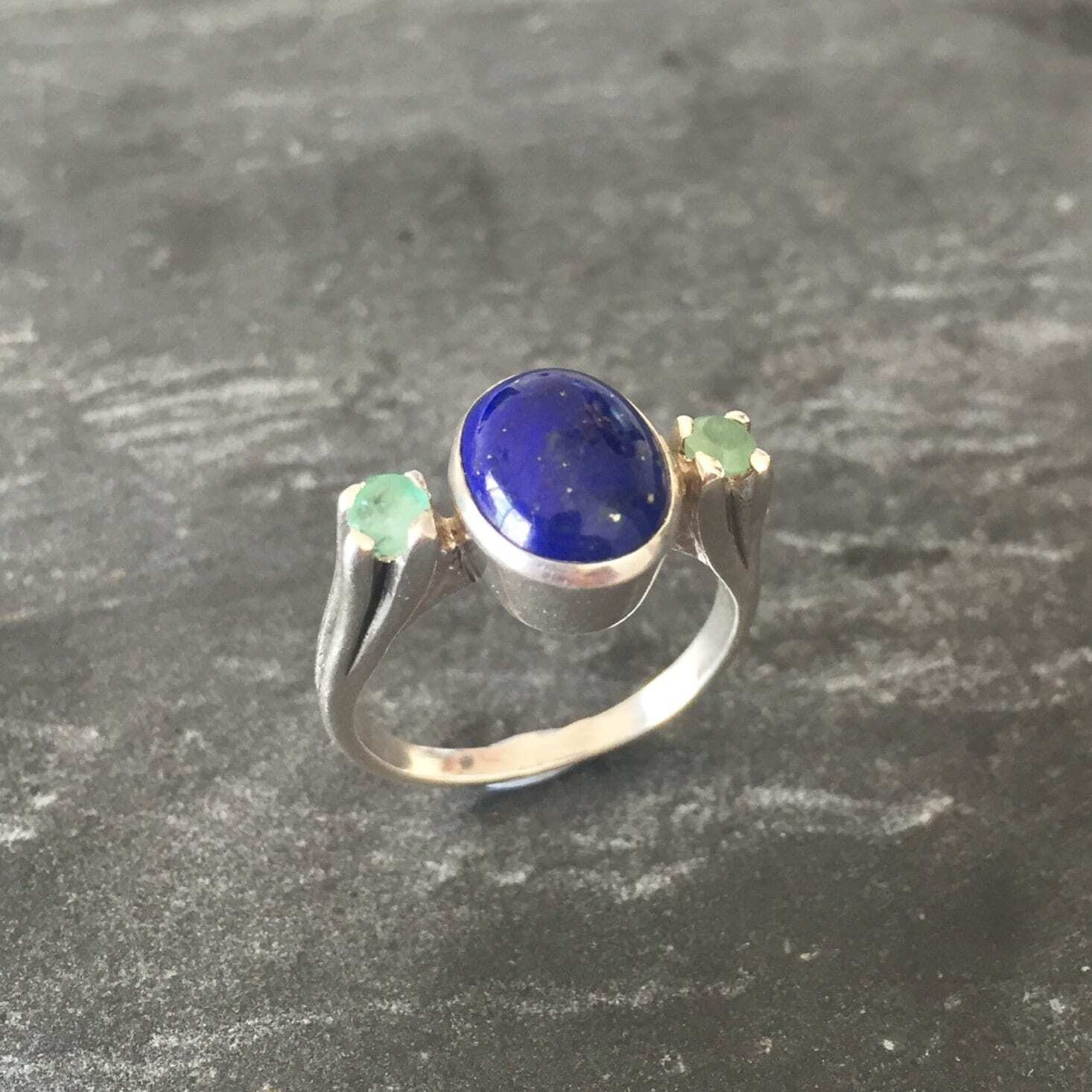 Lapis Ring, Emerald Ring, Natural Emerald, Natural Lapis, May Birthstone, Vintage Emerald Ring, Vintage Rings, Solid Silver Ring, Lapis